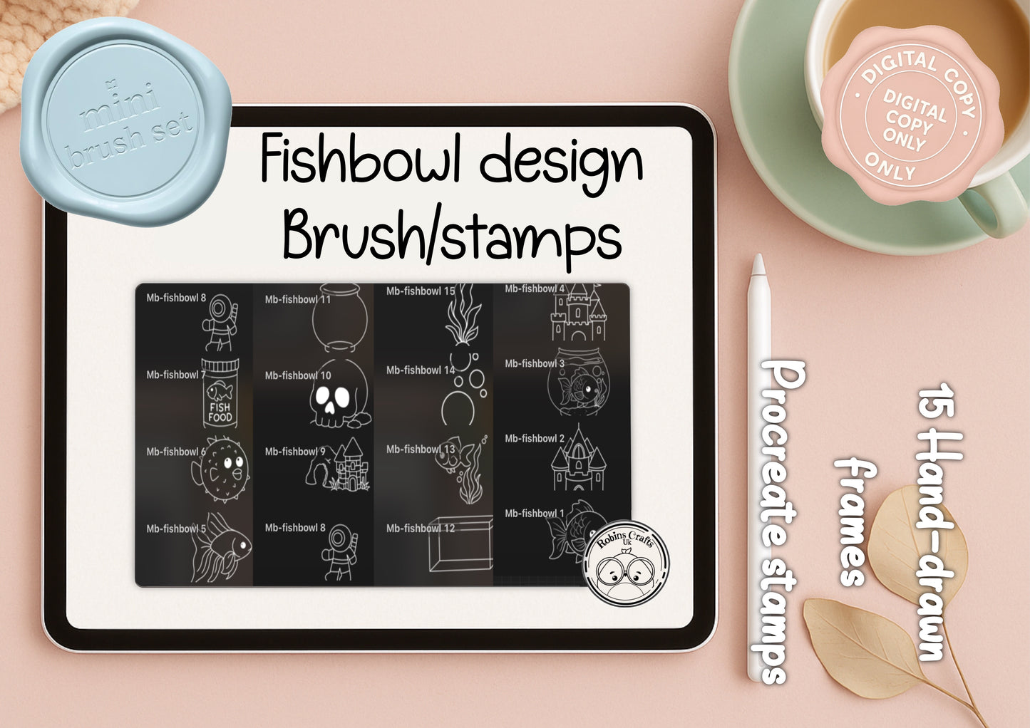 Mini Brush- 15 fishbowl design - procreate stamps/brushes - digital use only - procreate