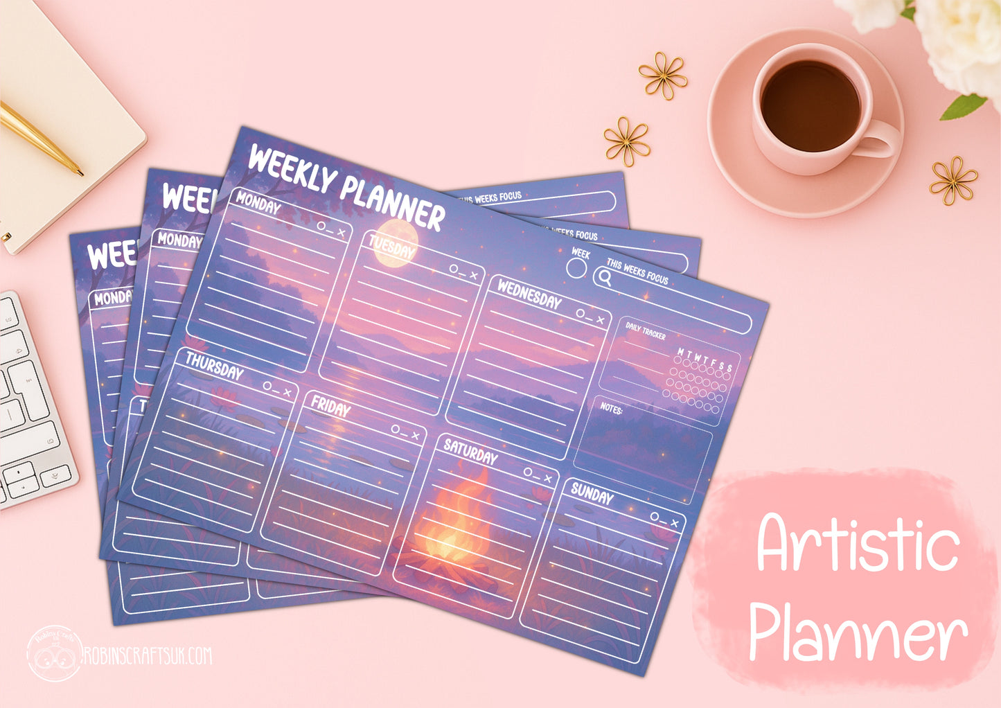 Whimsical Campfire Tear-Off Planner Pad – A4 Paper Pad | 40 Page Daily, Weekly & Monthly Planner | Cute Stationery Gift