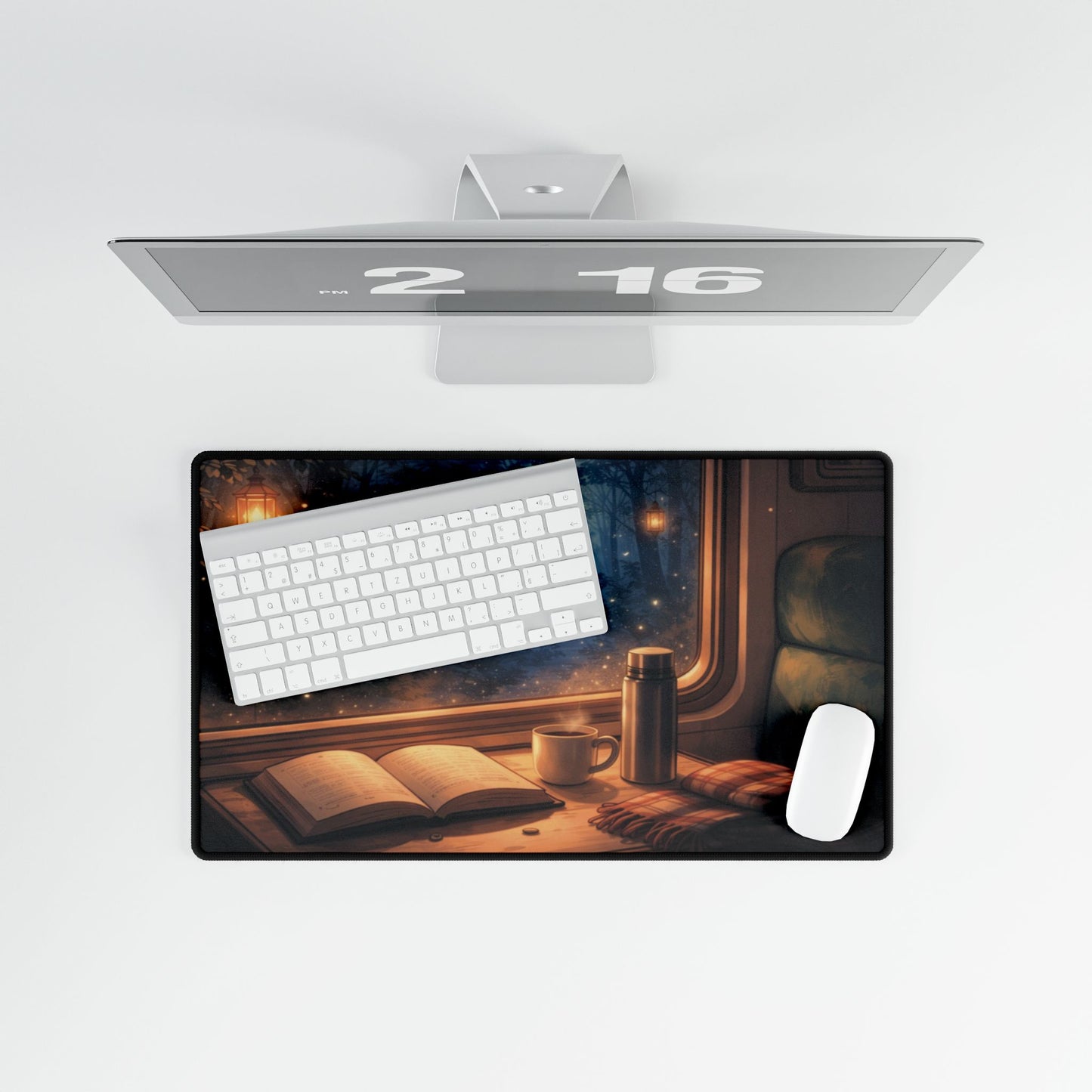 Cozy Night Train Desk Mat — Reading, Coffee & Window Scenery Mouse Pad