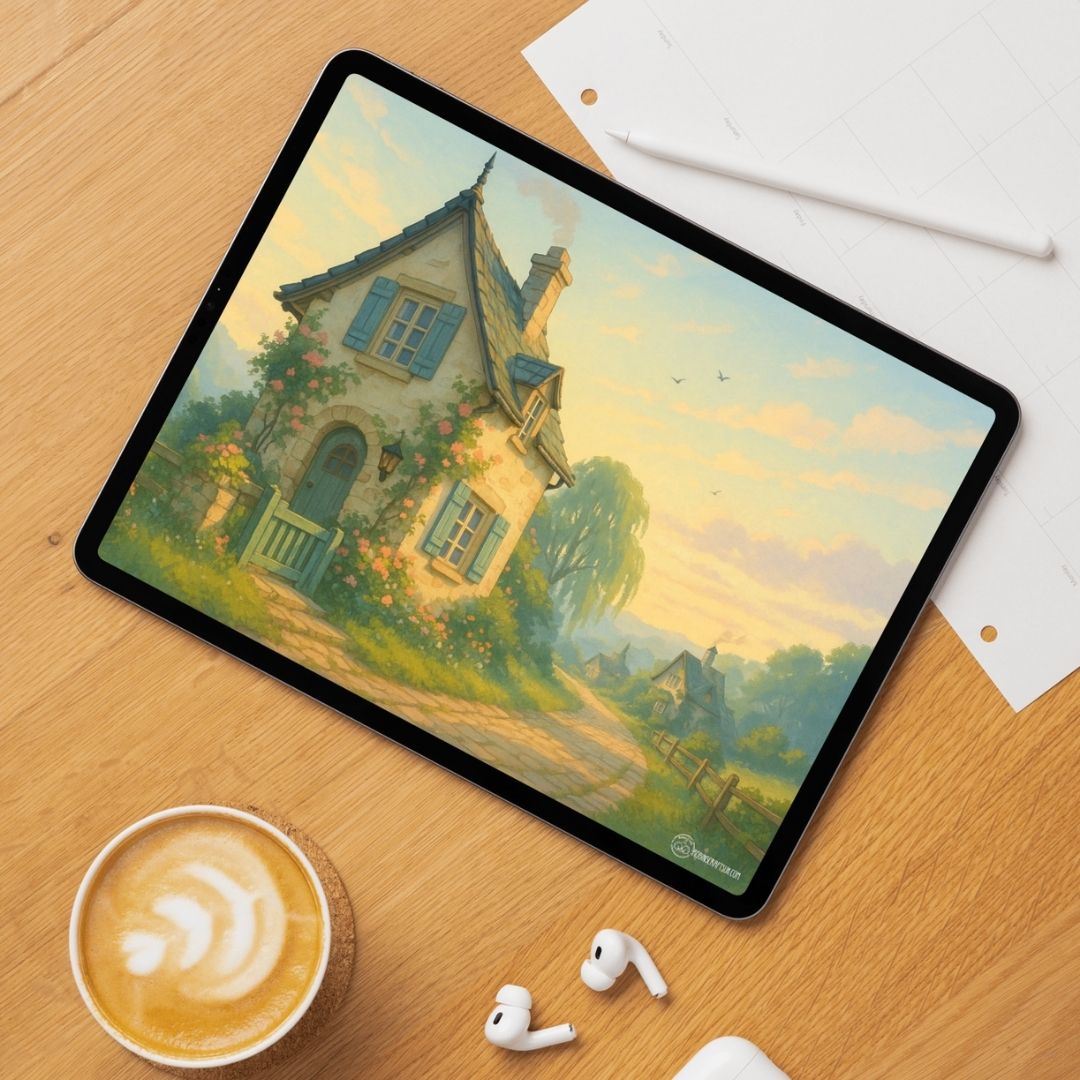 Morning at Willow Street wallpaper – illustrated Digital Wallpaper Download | Art wallpaper