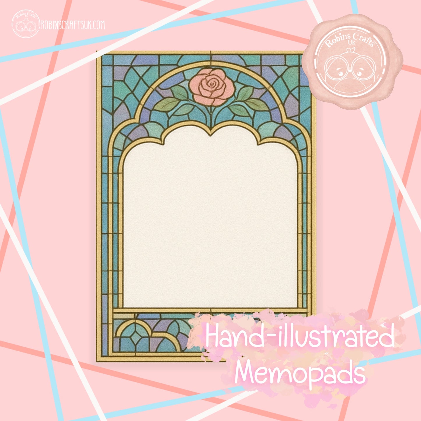 Stained Glass Rose Memo Pad –Tear-Away Notepad | Gothic Arch Stationery | Hand-Illustrated Aesthetic Paper