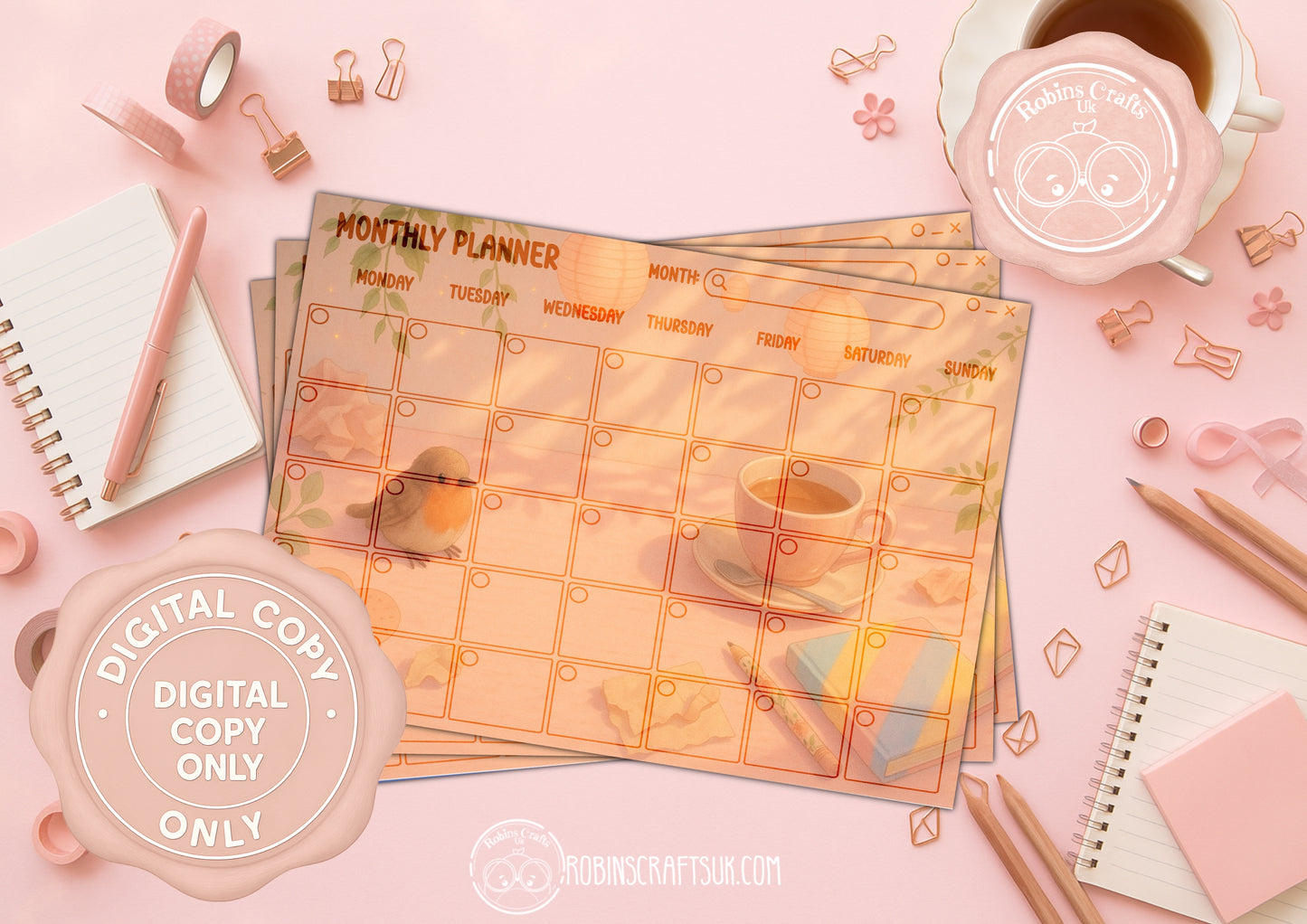 Sunny desk Planner digital set – 3 Page Printable JPG (Daily, Weekly, Monthly)