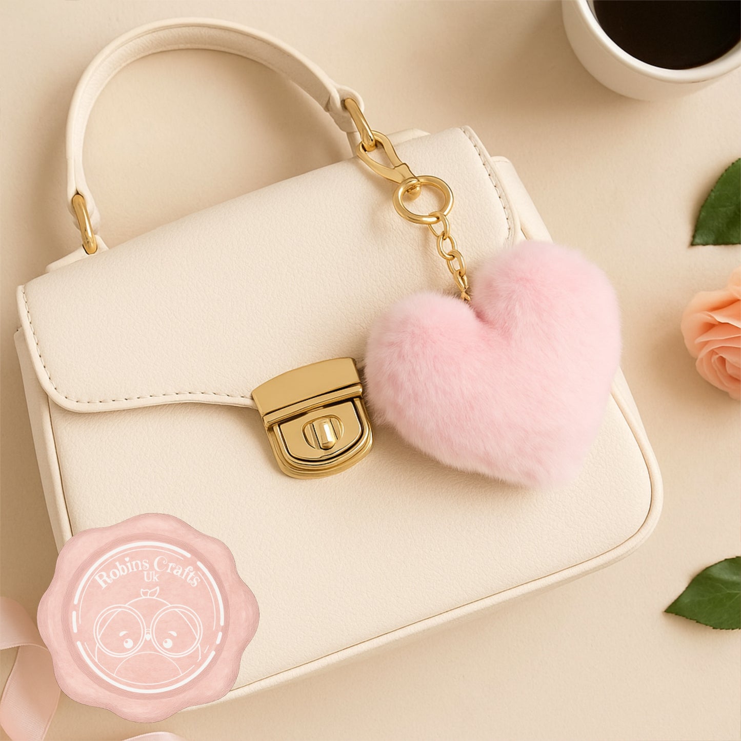Fluffy Heart Keychain – Faux Fur Bag Charm with Gold Clasp | Cute Pompom Purse Accessory in 6 colours