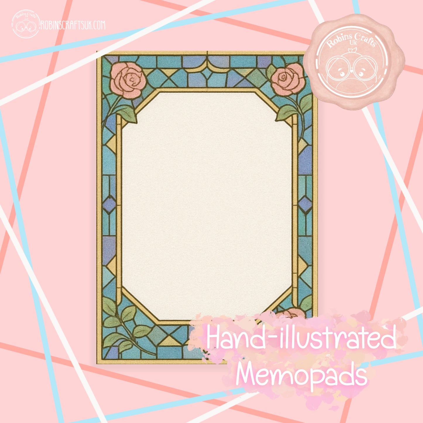 Stained Glass Rose Memo Pad –Tear-Away Notepad | Gothic Arch Stationery | Hand-Illustrated Aesthetic Paper