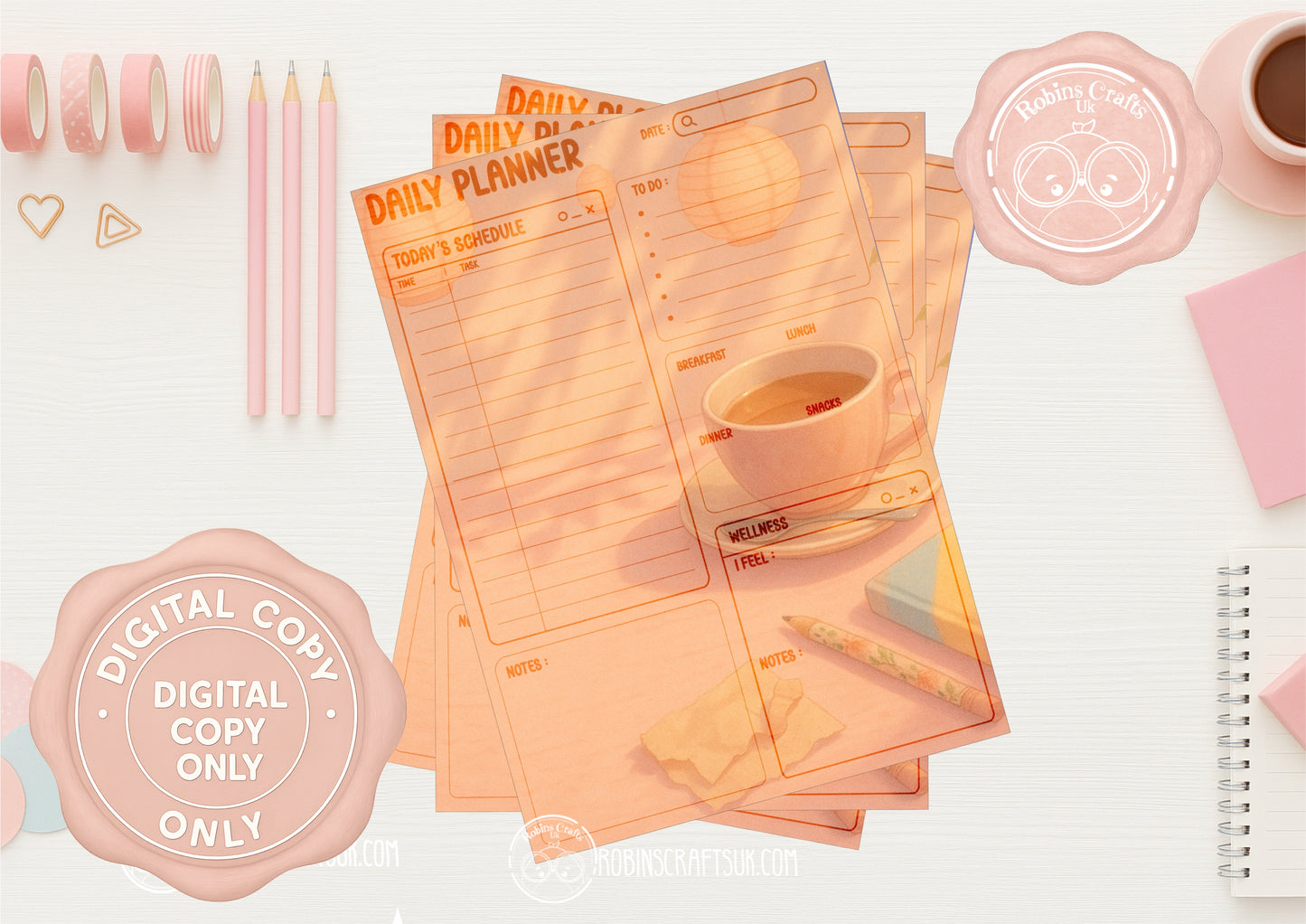 Sunny desk Planner digital set – 3 Page Printable JPG (Daily, Weekly, Monthly)
