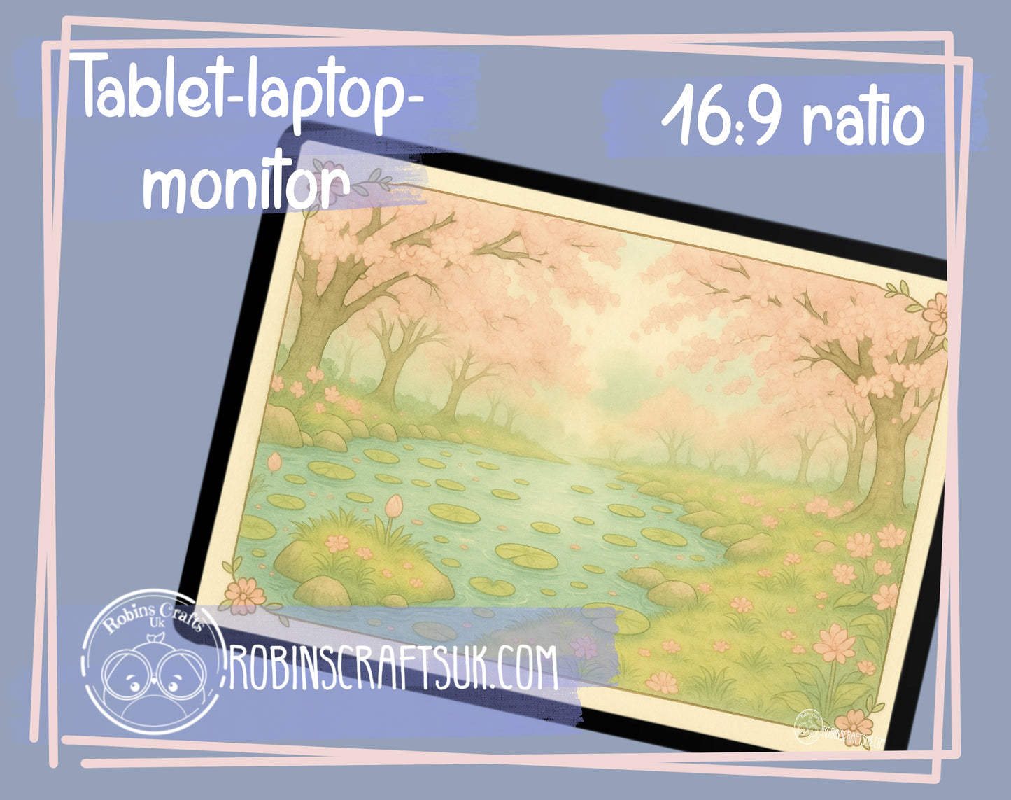 Cherry Blossom Pond – Pastel Sakura Landscape illustration wallpaper sakura tree art illustration watercolor nature fantasy