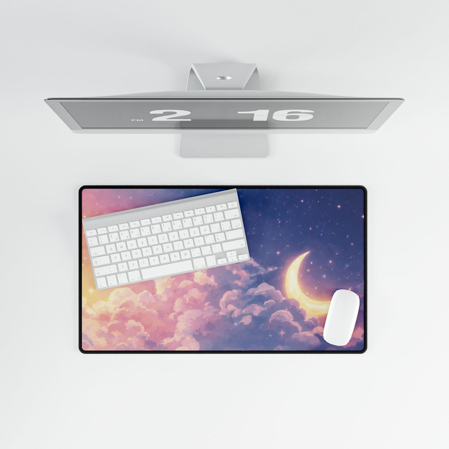 Celestial Moon & Clouds Desk Mat — Pastel Galaxy Gaming/Office Mouse Pad
