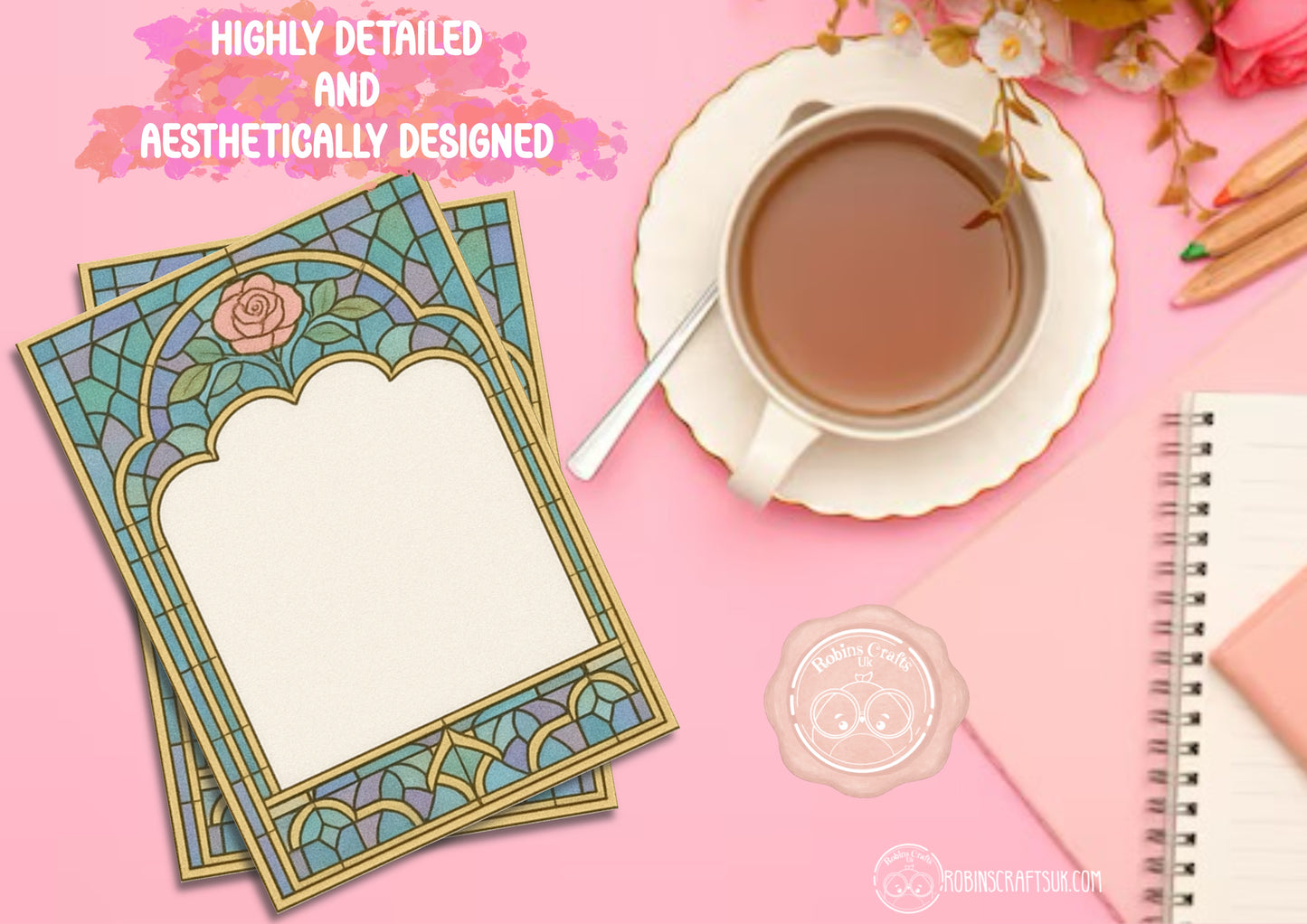 Stained Glass Rose Memo Pad –Tear-Away Notepad | Gothic Arch Stationery | Hand-Illustrated Aesthetic Paper