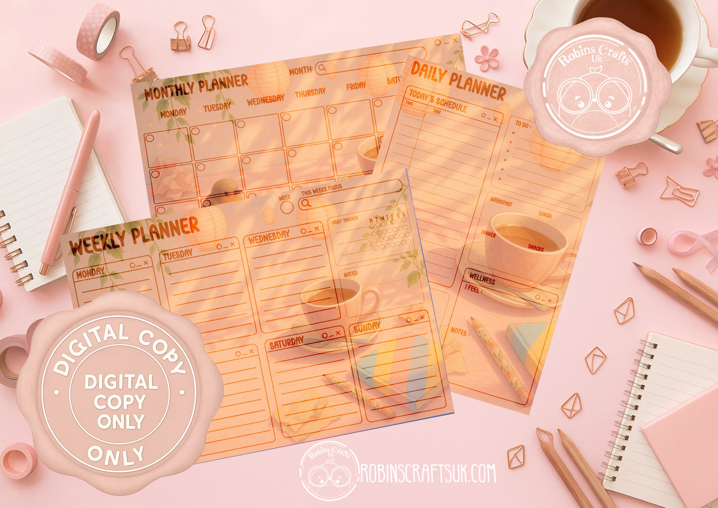 Sunny desk Planner digital set – 3 Page Printable JPG (Daily, Weekly, Monthly)