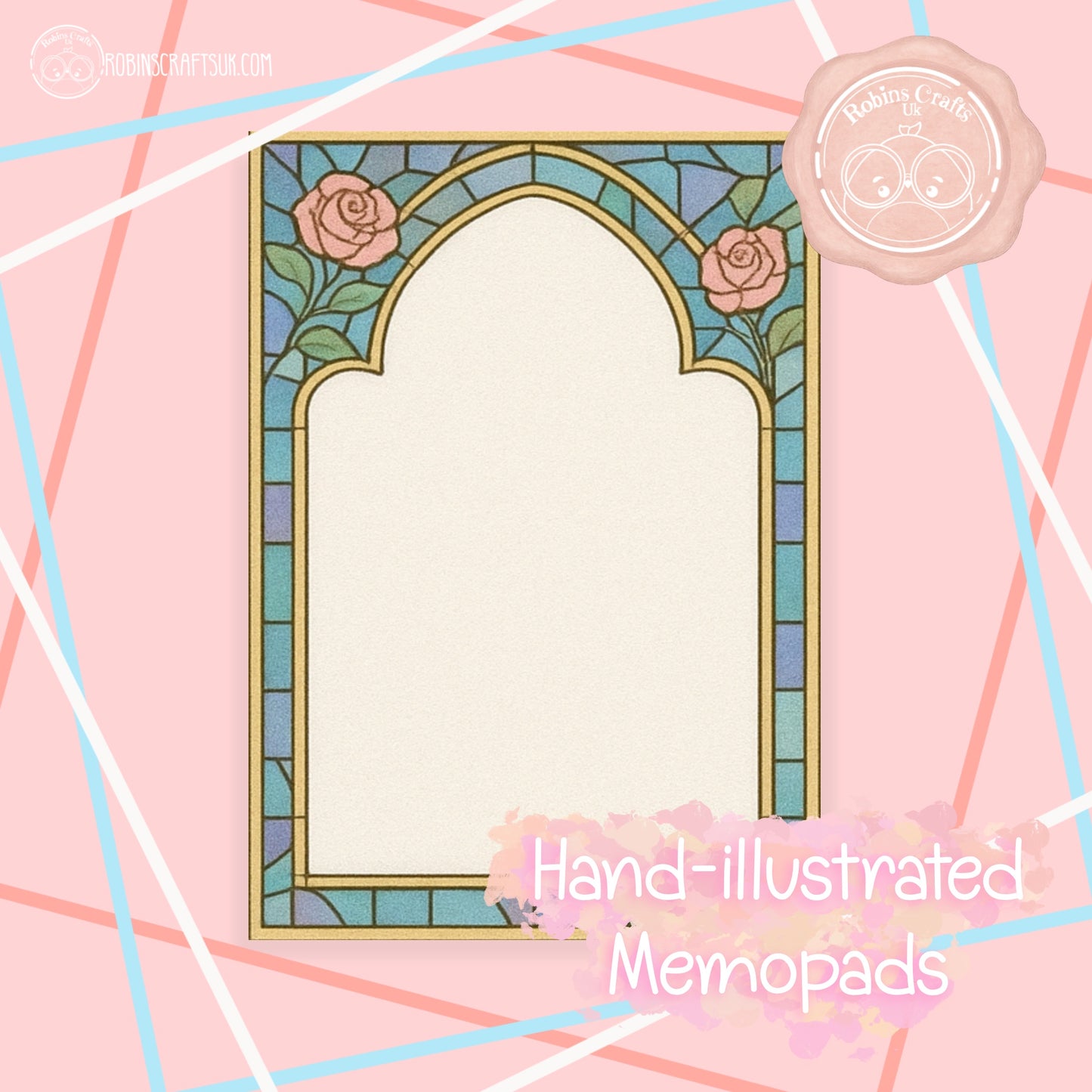 Stained Glass Rose Memo Pad –Tear-Away Notepad | Gothic Arch Stationery | Hand-Illustrated Aesthetic Paper