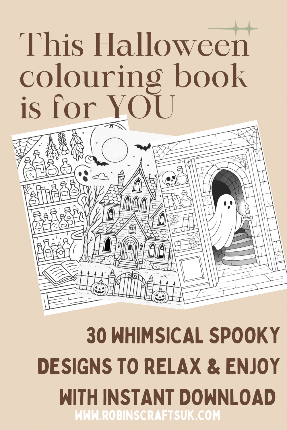 Halloween coloring book with two pages featuring a haunted house and ghost on a beige background.