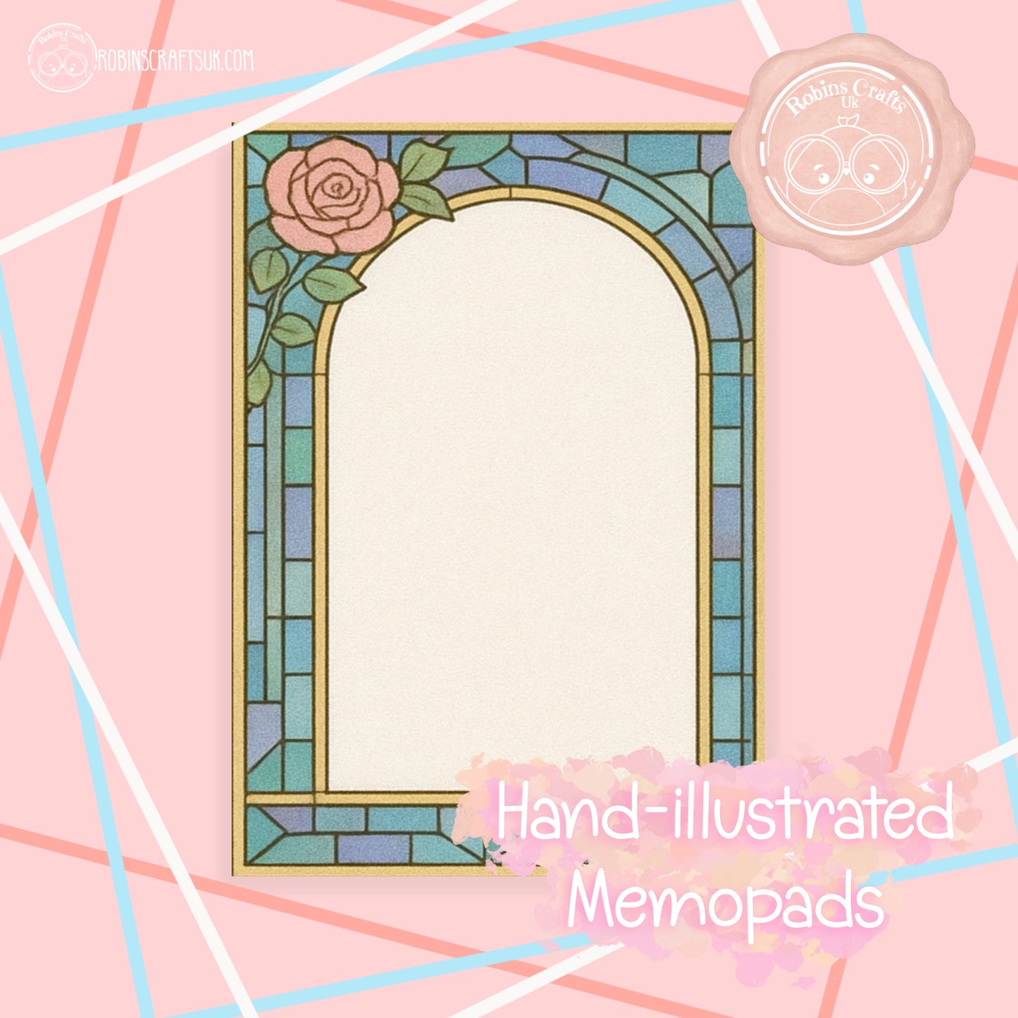 Stained Glass Rose Memo Pad –Tear-Away Notepad | Gothic Arch Stationery | Hand-Illustrated Aesthetic Paper