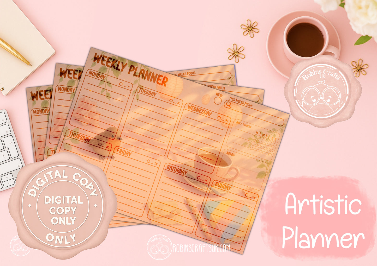 Sunny desk Planner digital set – 3 Page Printable JPG (Daily, Weekly, Monthly)