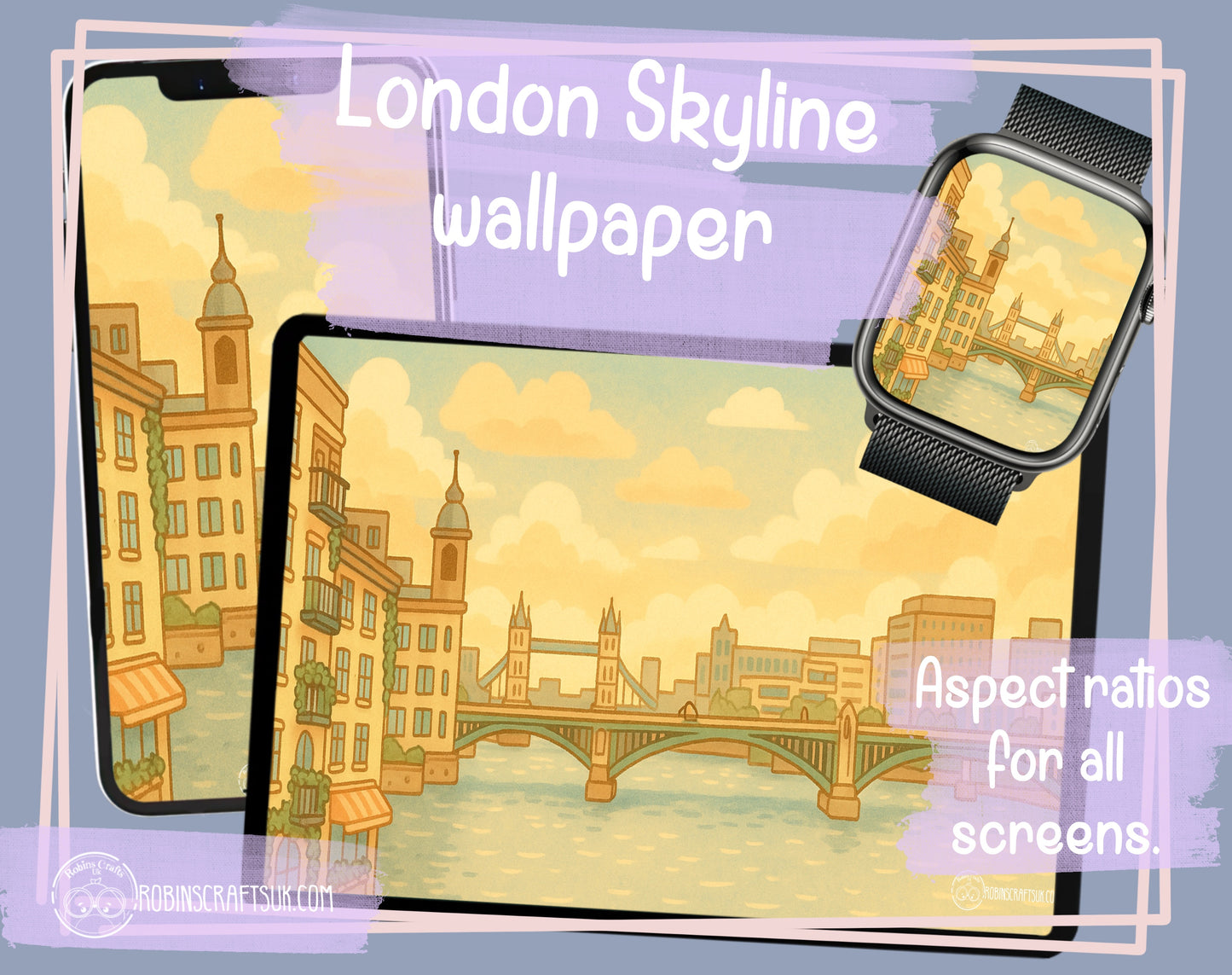 London Skyline wallpaper illustration Kawaii London Illustration – Cozy Travel Print with Tower Bridge & River Thames -Sunset on the Thames with Tower Bridge wallpaper