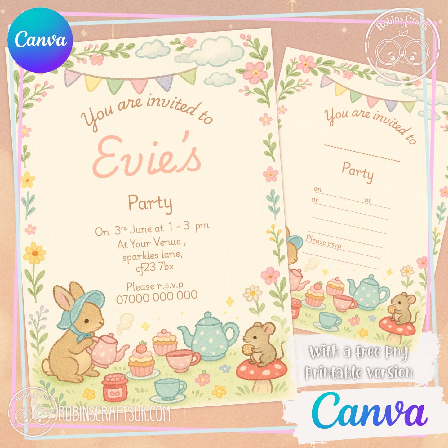 Bunnies Party Invitation Editable Canva Invitation Template – 5x7” | Instant Digital Download
