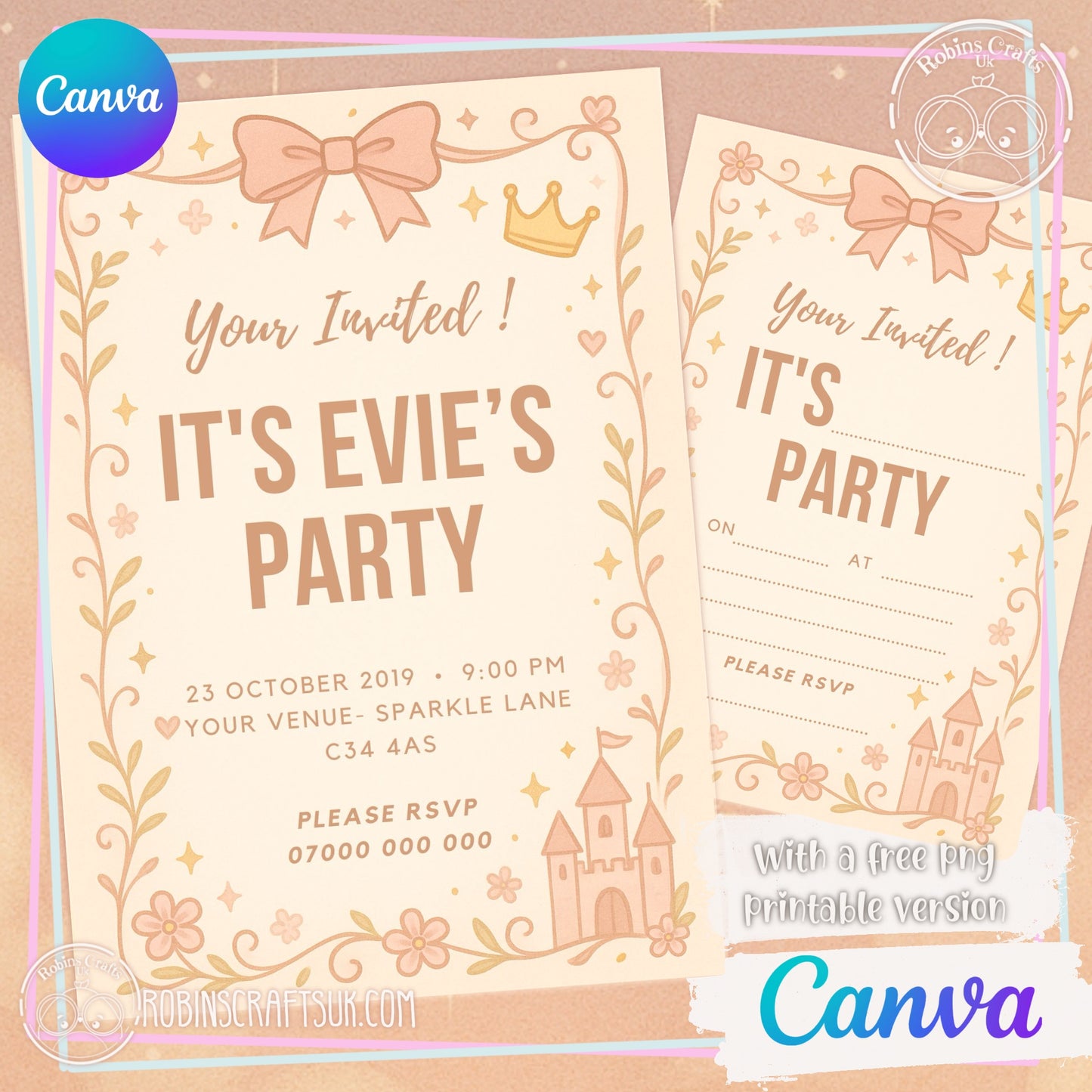Princess party Invitation Editable Canva Invitation Template – 5x7” | Instant Digital Download