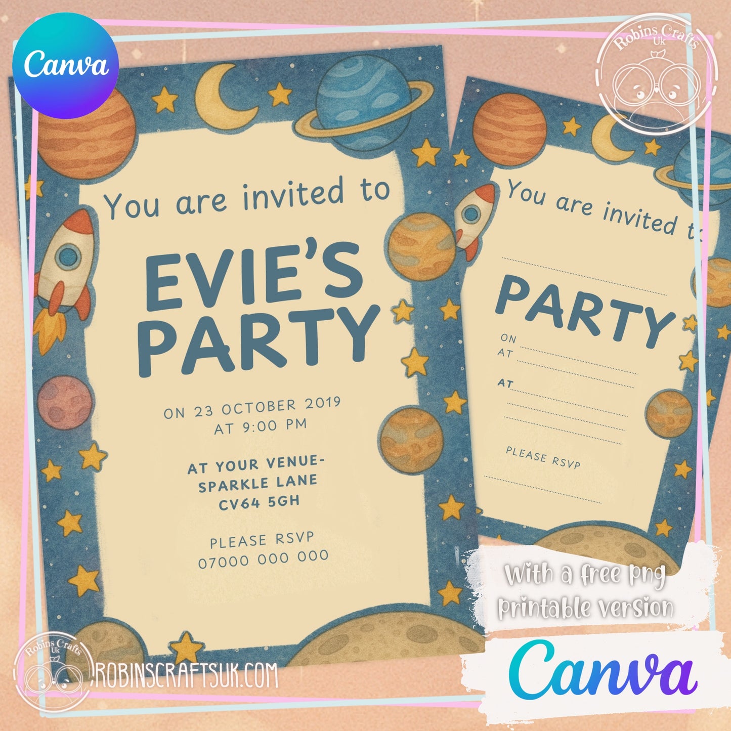 Space party Invitation Editable Canva Invitation Template – 5x7” | Instant Digital Download