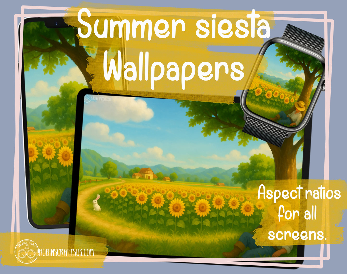 Summer Siesta Digital Wallpaper | Cozy Countryside iPad & Desktop Background | Sunflower Field Art Download