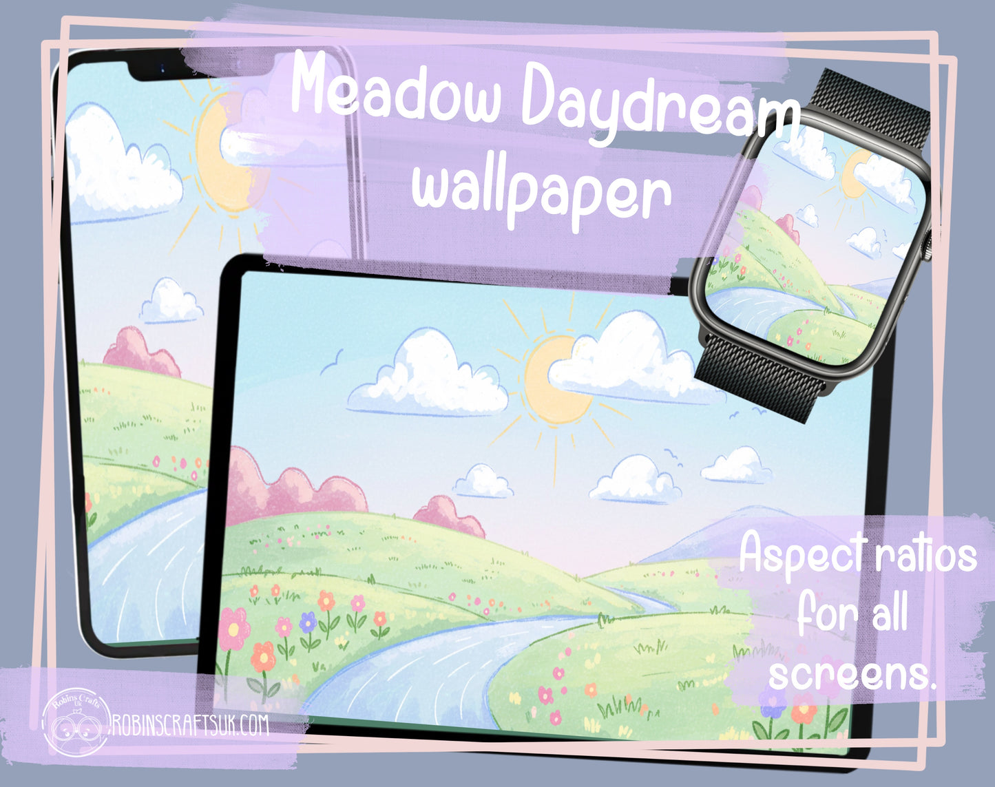 Meadow Daydream Digital Wallpaper | Pastel Landscape Background for iPad, Desktop & Phone | Whimsical Spring Meadow Art Download