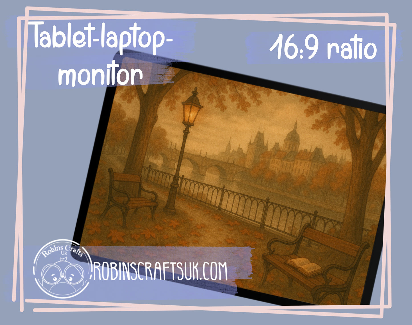Autumn Reverie Digital Wallpaper | Cozy Dark Academia River Scene | Vintage Park Bench & Falling Leaves Background for iPad & Desktop