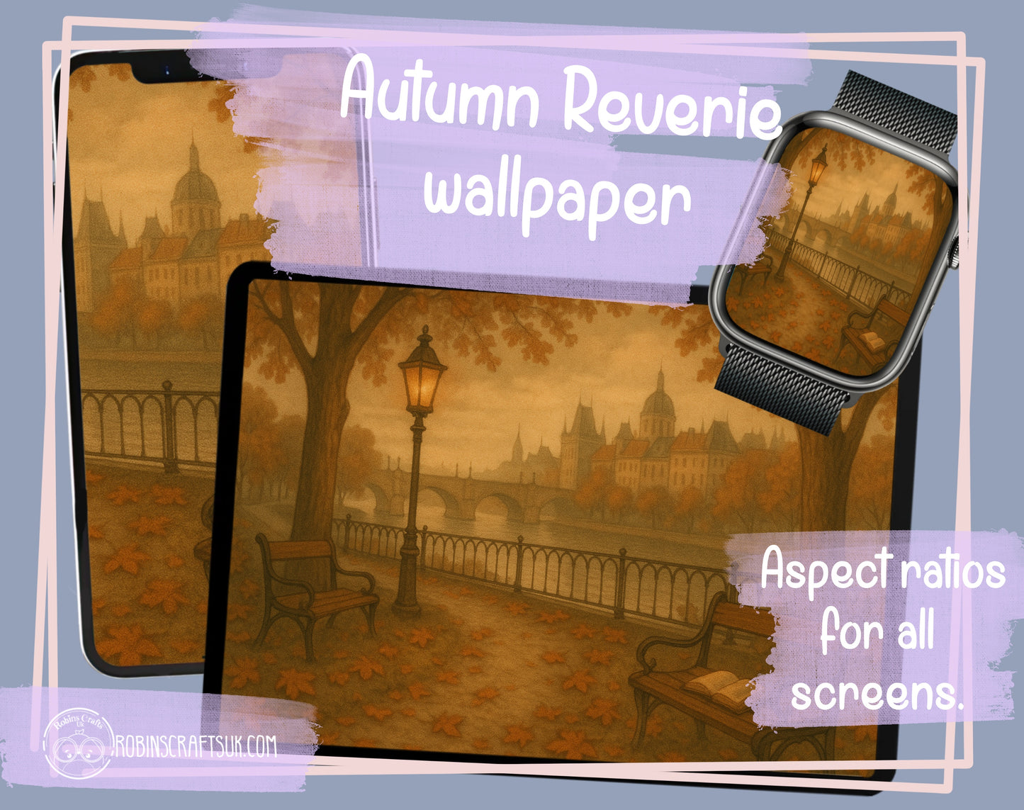 Autumn Reverie Digital Wallpaper | Cozy Dark Academia River Scene | Vintage Park Bench & Falling Leaves Background for iPad & Desktop