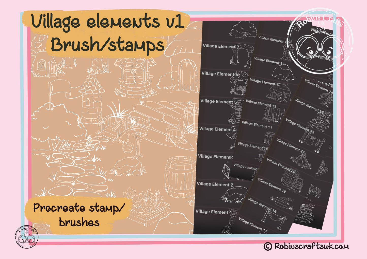 Village elements v1 stamps - procreate stamps/brushes - digital use only - procreate