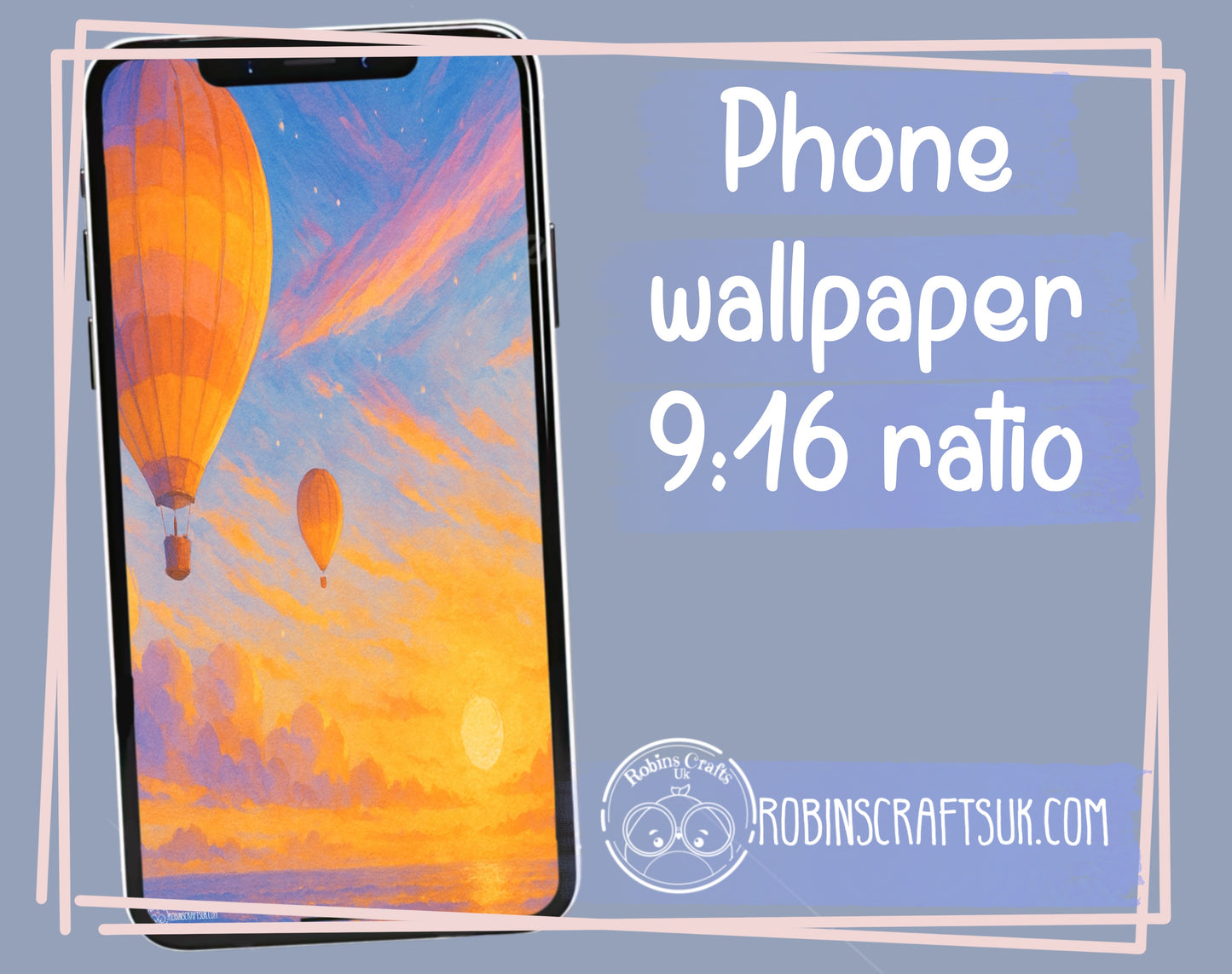 Sunset Voyage wallpaper – Hot Air Balloon Dreamscape Wall Art, Whimsical Ocean Sky Illustration, Peaceful Adventure Fantasy Decor no