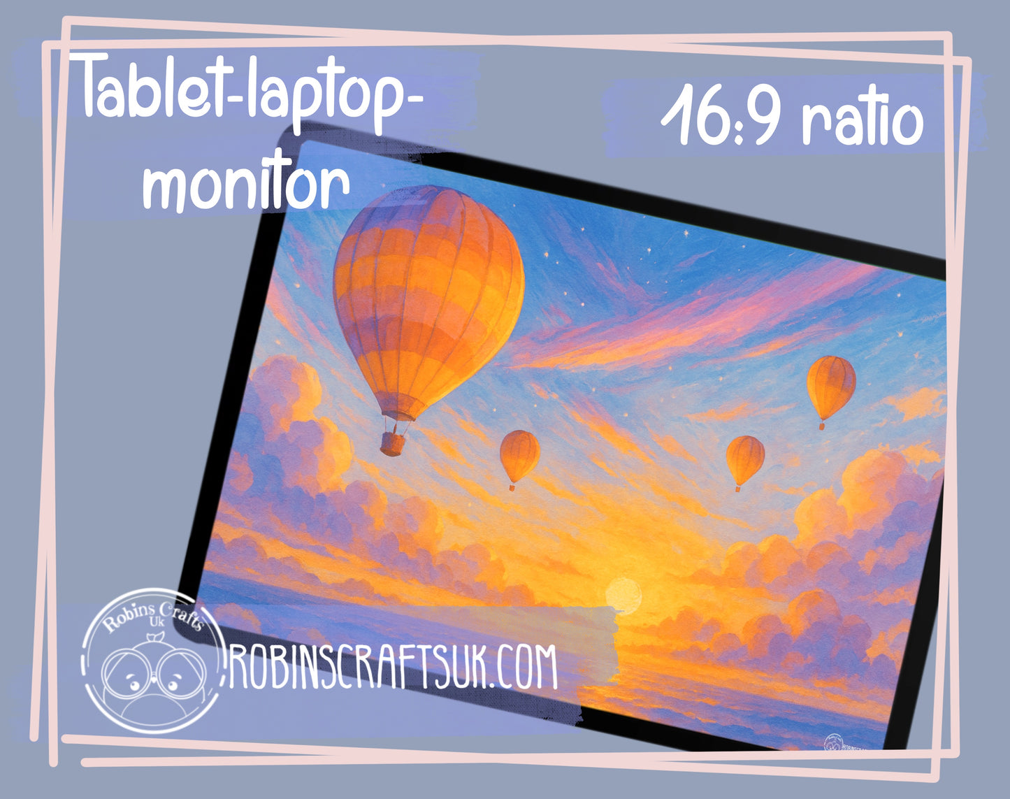 Sunset Voyage wallpaper – Hot Air Balloon Dreamscape Wall Art, Whimsical Ocean Sky Illustration, Peaceful Adventure Fantasy Decor no