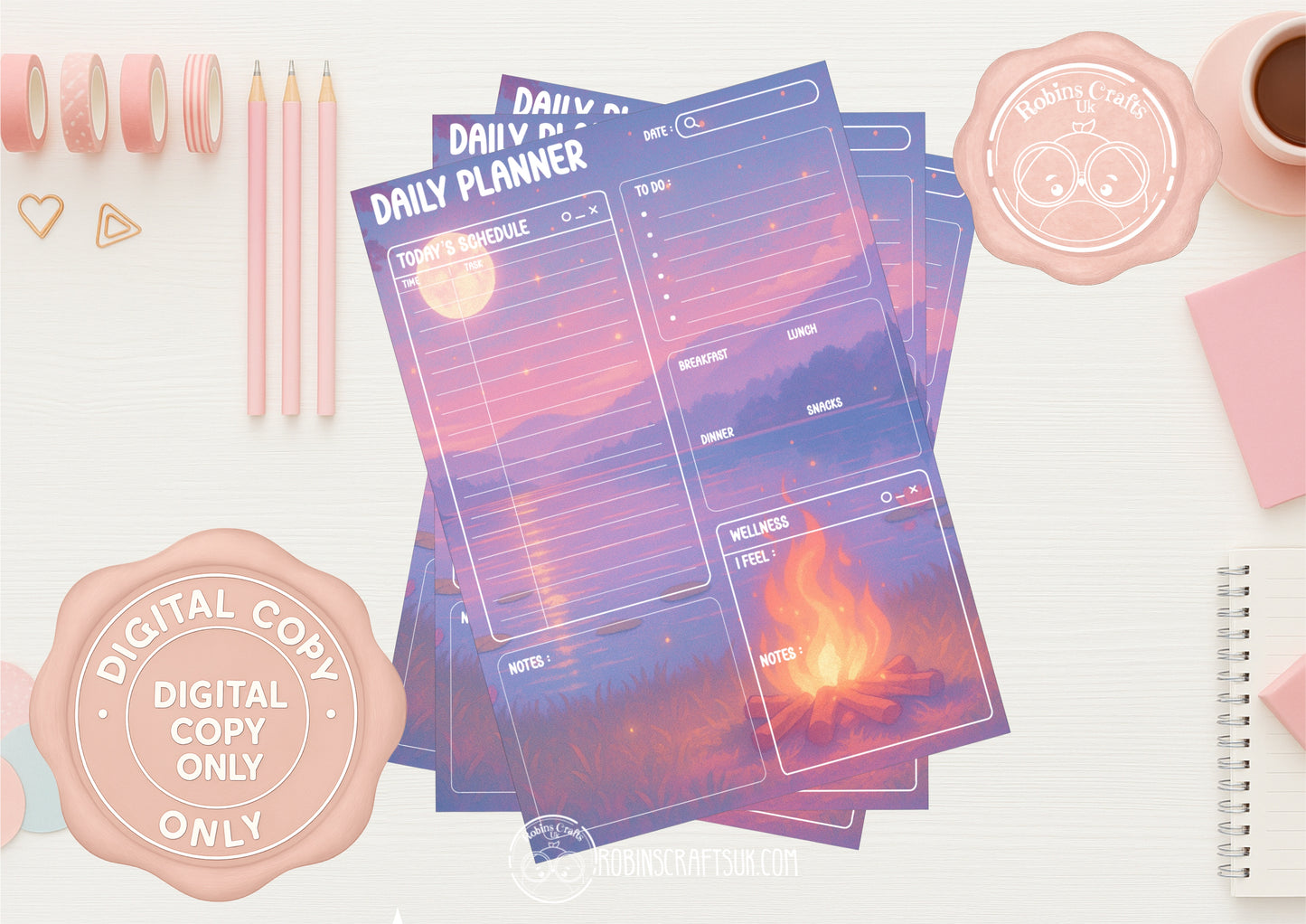 Whimsical Campfire Planner digital set – 3 Page Printable JPG (Daily, Weekly, Monthly)
