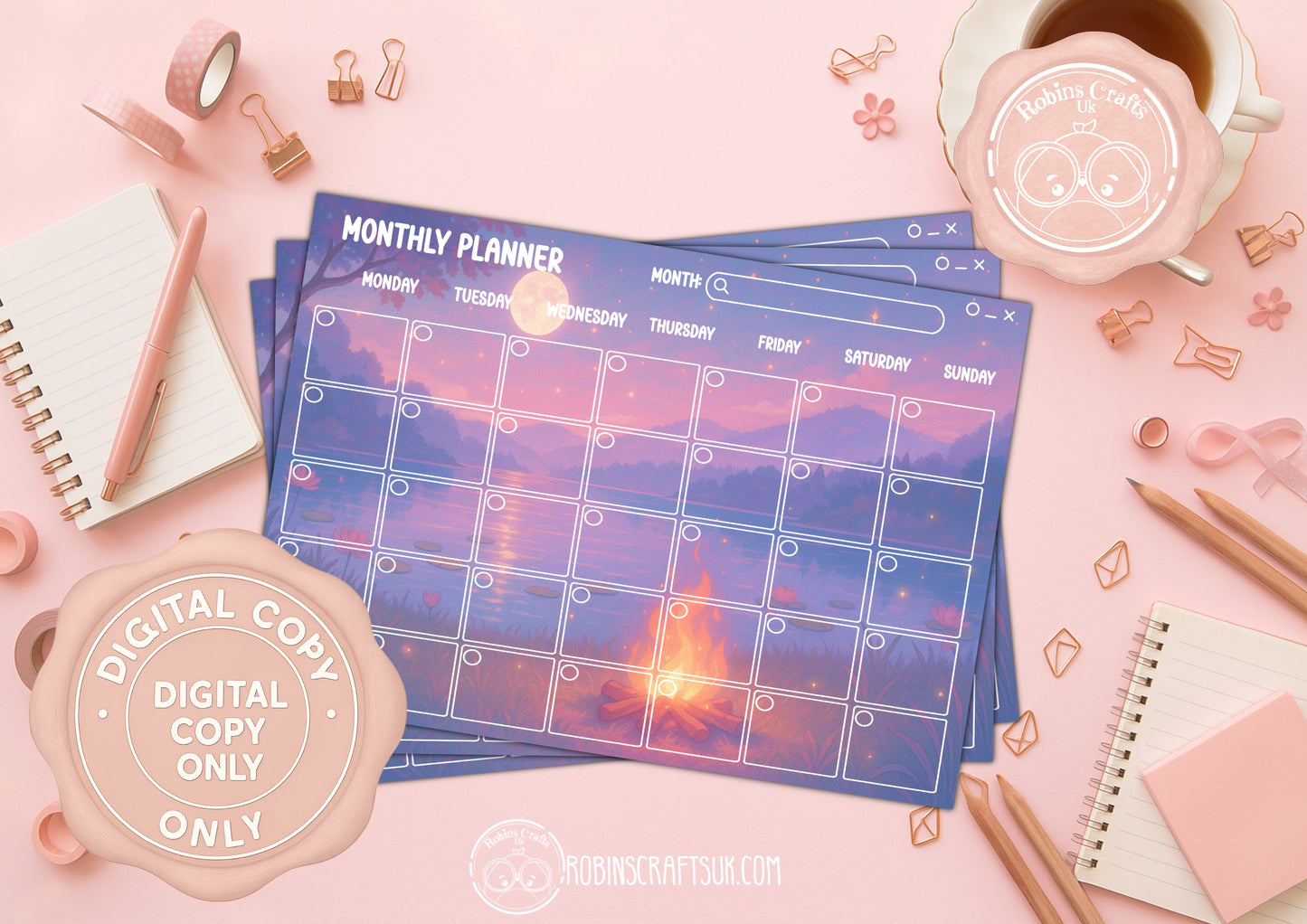 Whimsical Campfire Planner digital set – 3 Page Printable JPG (Daily, Weekly, Monthly)