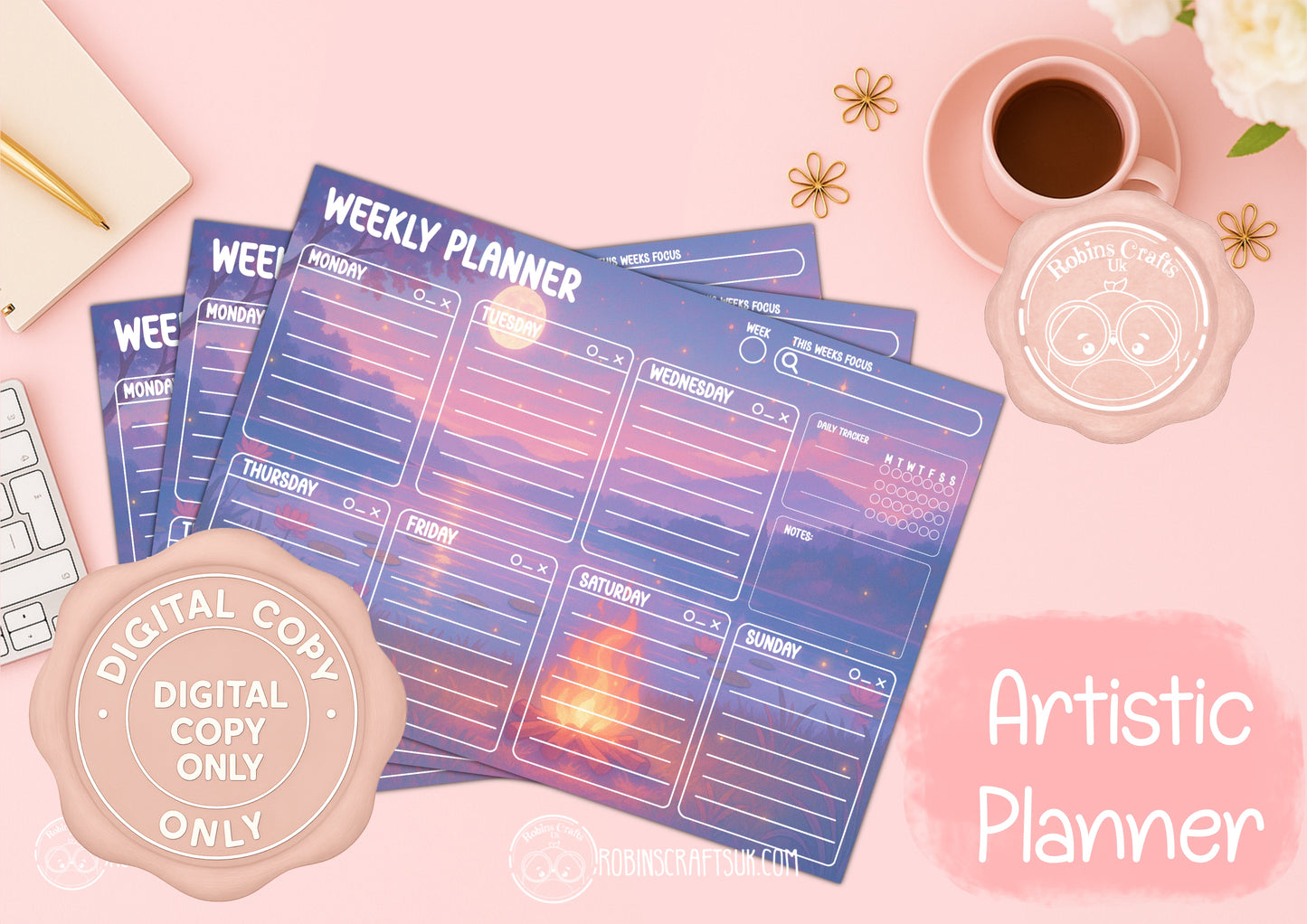 Whimsical Campfire Planner digital set – 3 Page Printable JPG (Daily, Weekly, Monthly)