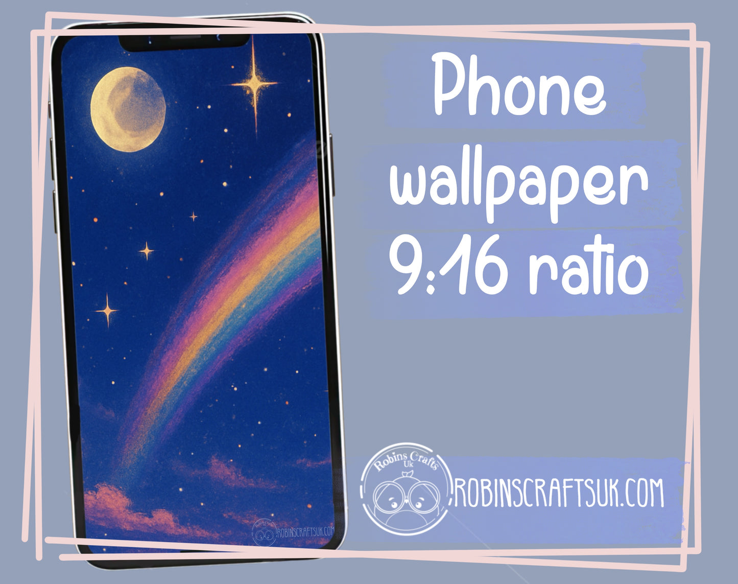 Starlight Rainbow – Celestial Night Sky Digital Wallpaper Download | Moon, Stars, Clouds & Rainbow Art wallpaper