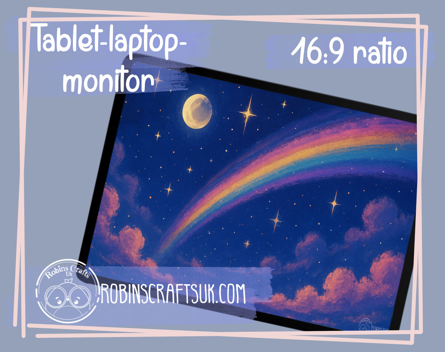 Starlight Rainbow – Celestial Night Sky Digital Wallpaper Download | Moon, Stars, Clouds & Rainbow Art wallpaper