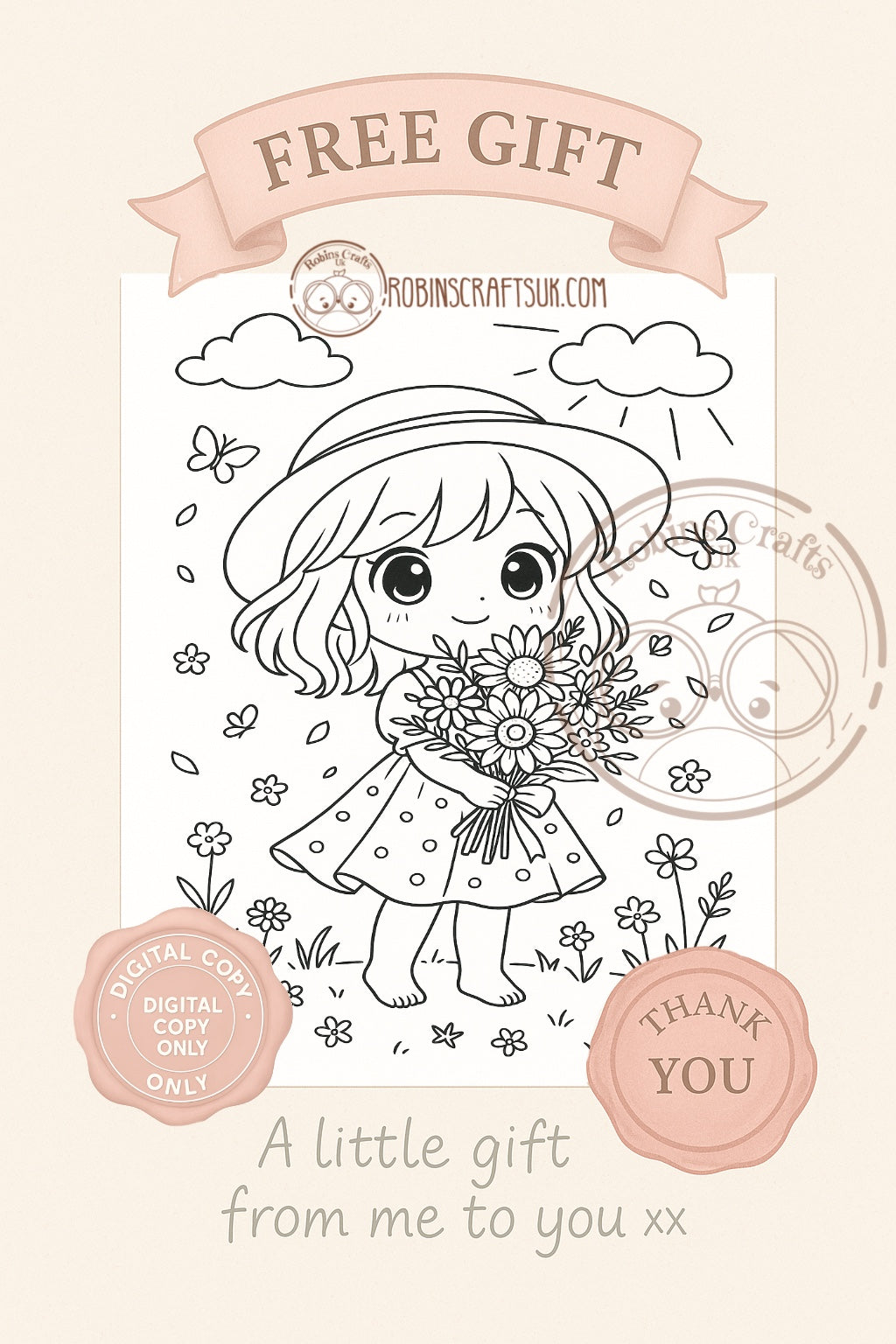 Flower girl colouring page 22-08-25 freebie Friday