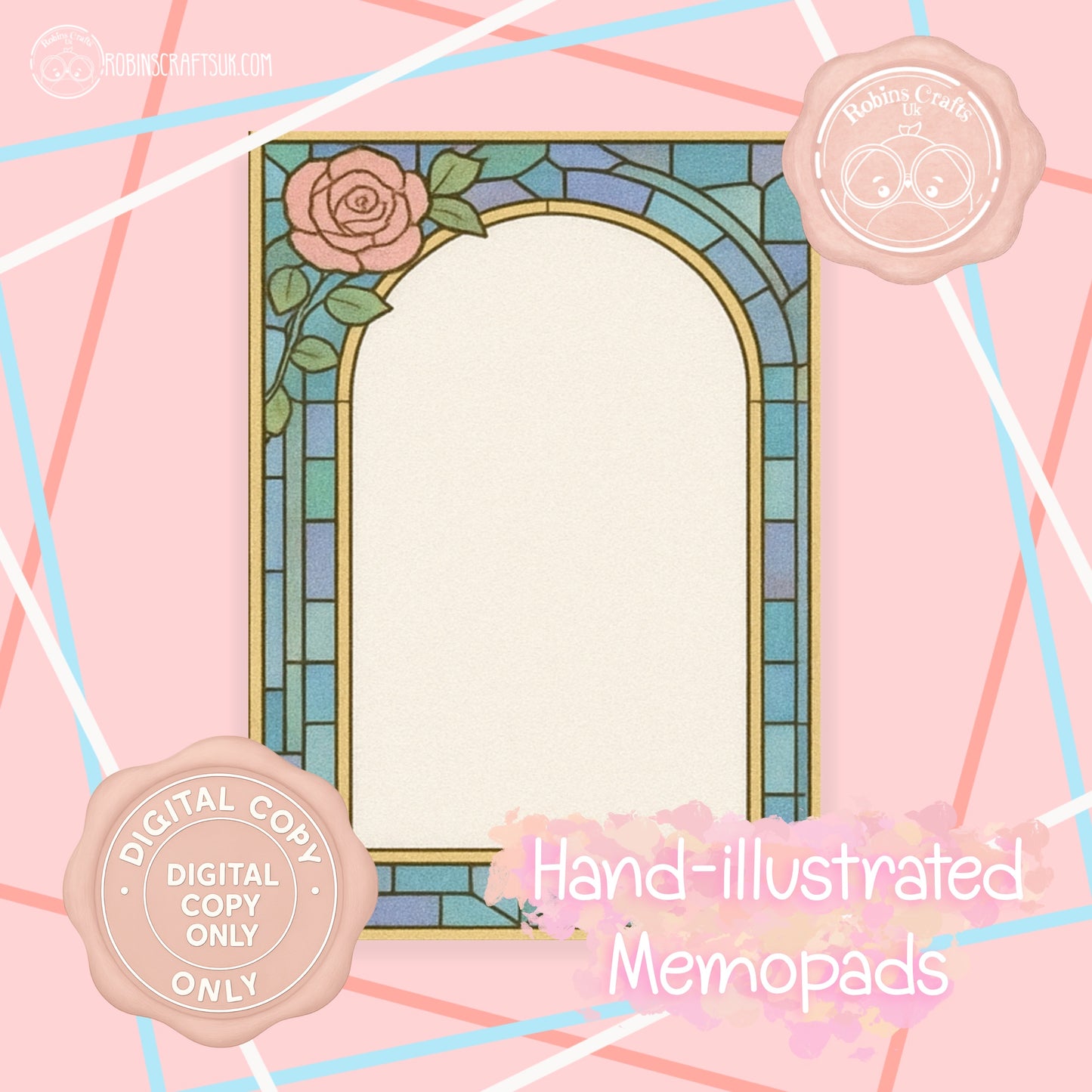 (DIGITAL)Stained Glass Rose Memo Pad | Gothic Arch Stationery | Hand-Illustrated Aesthetic Paper – Elegant Aesthetic Notepaper