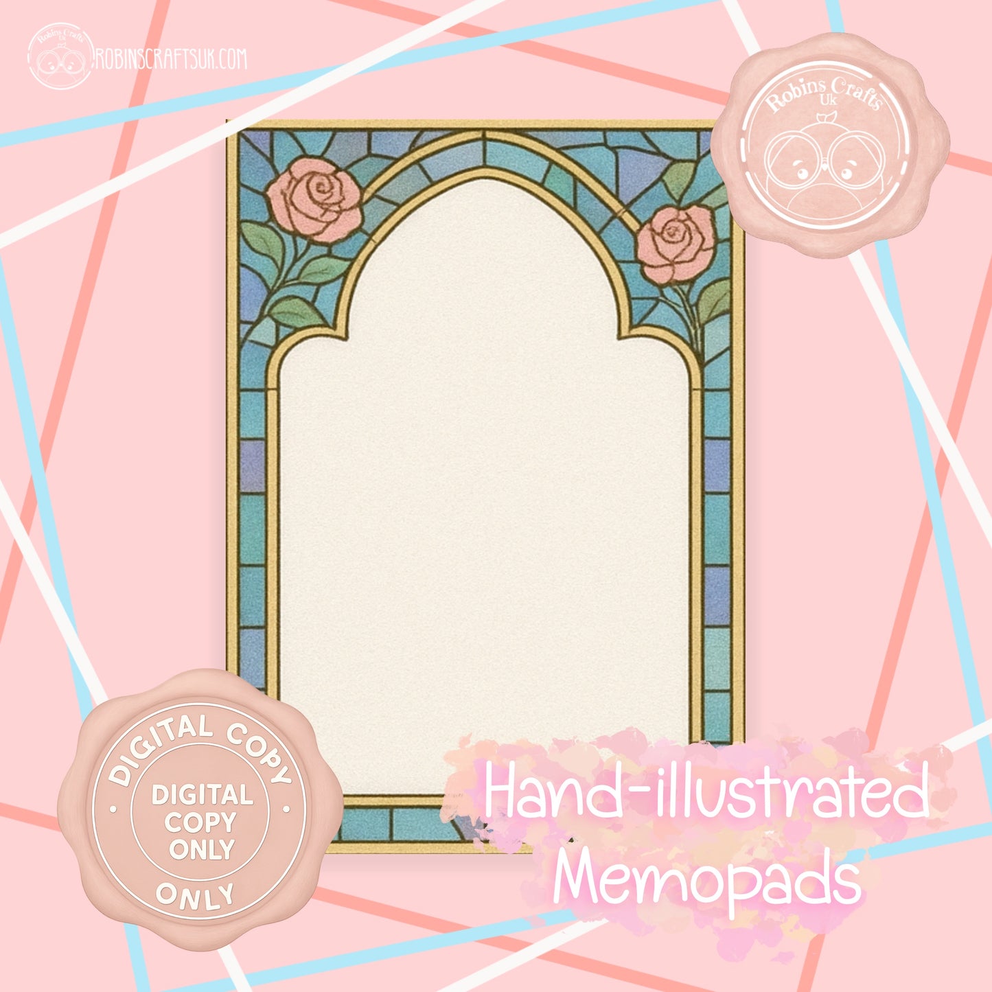 (DIGITAL)Stained Glass Rose Memo Pad | Gothic Arch Stationery | Hand-Illustrated Aesthetic Paper – Elegant Aesthetic Notepaper