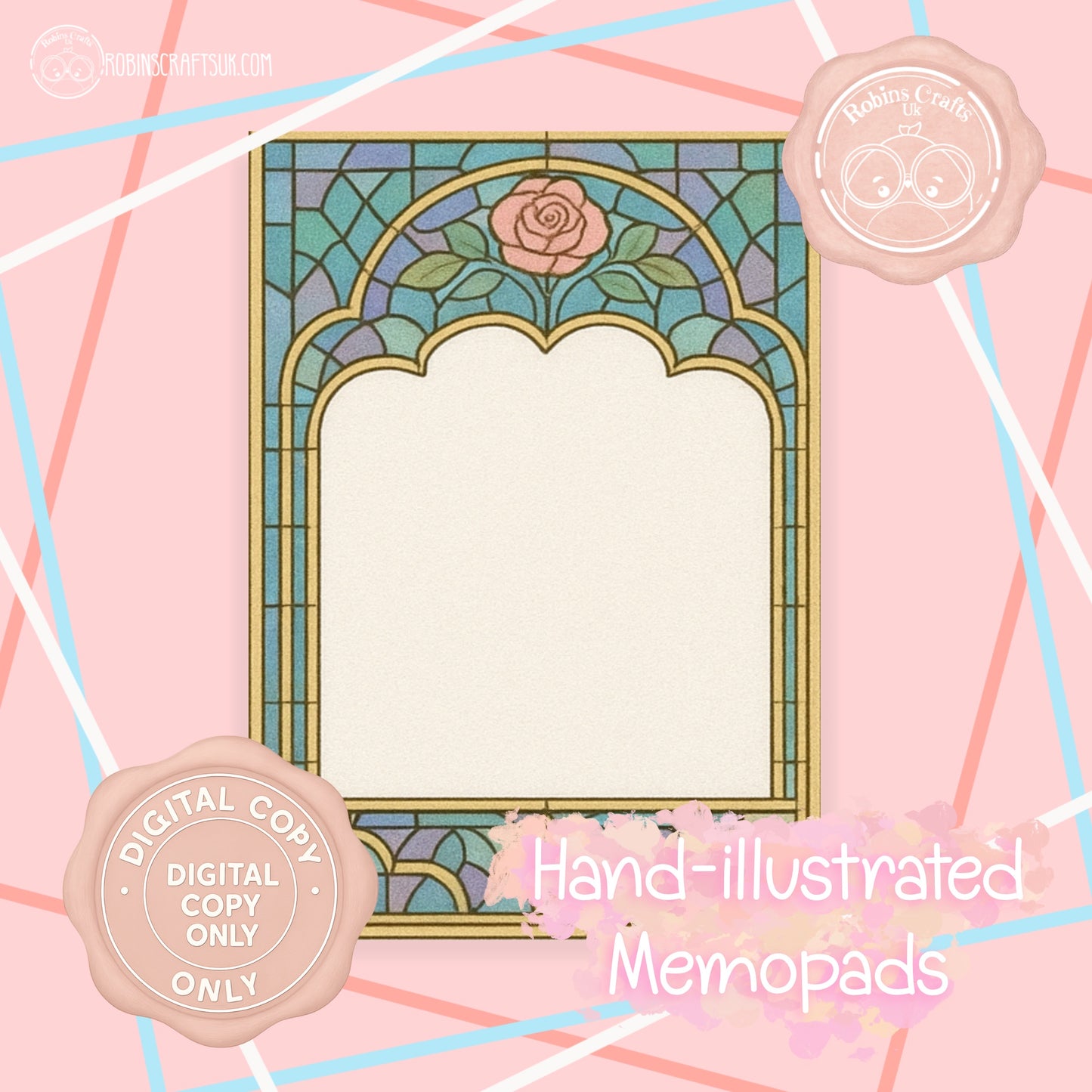 (DIGITAL)Stained Glass Rose Memo Pad | Gothic Arch Stationery | Hand-Illustrated Aesthetic Paper – Elegant Aesthetic Notepaper
