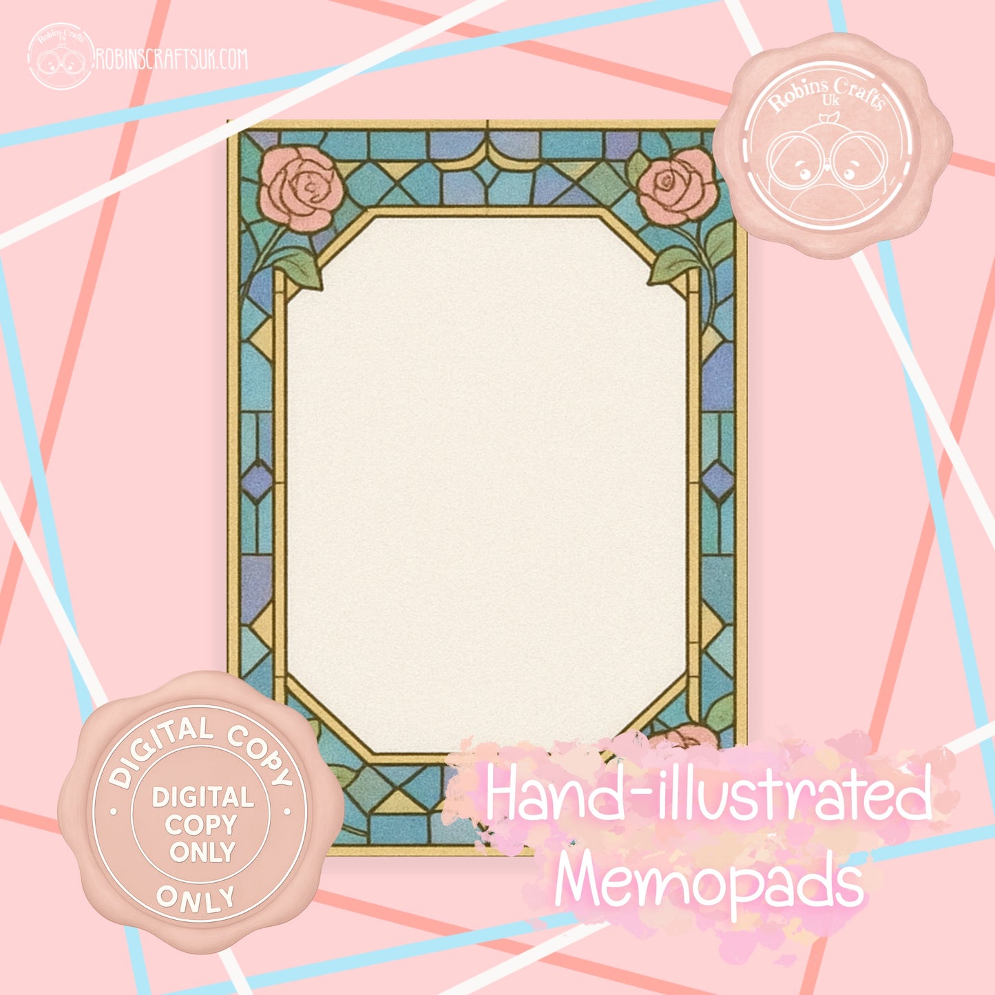 (DIGITAL)Stained Glass Rose Memo Pad | Gothic Arch Stationery | Hand-Illustrated Aesthetic Paper – Elegant Aesthetic Notepaper