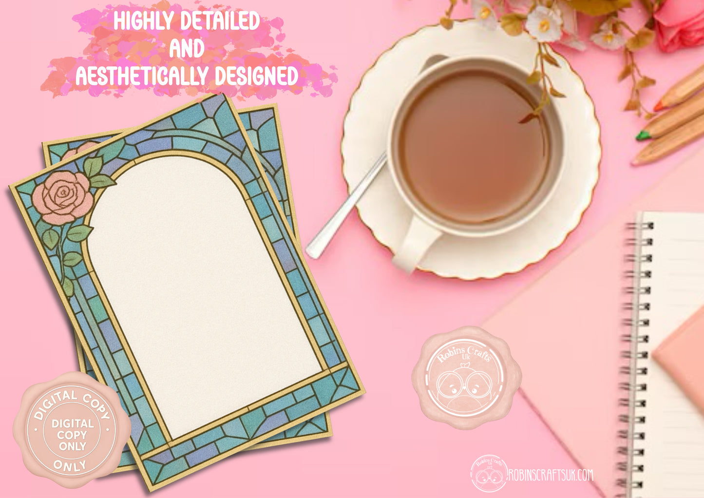(DIGITAL)Stained Glass Rose Memo Pad | Gothic Arch Stationery | Hand-Illustrated Aesthetic Paper – Elegant Aesthetic Notepaper
