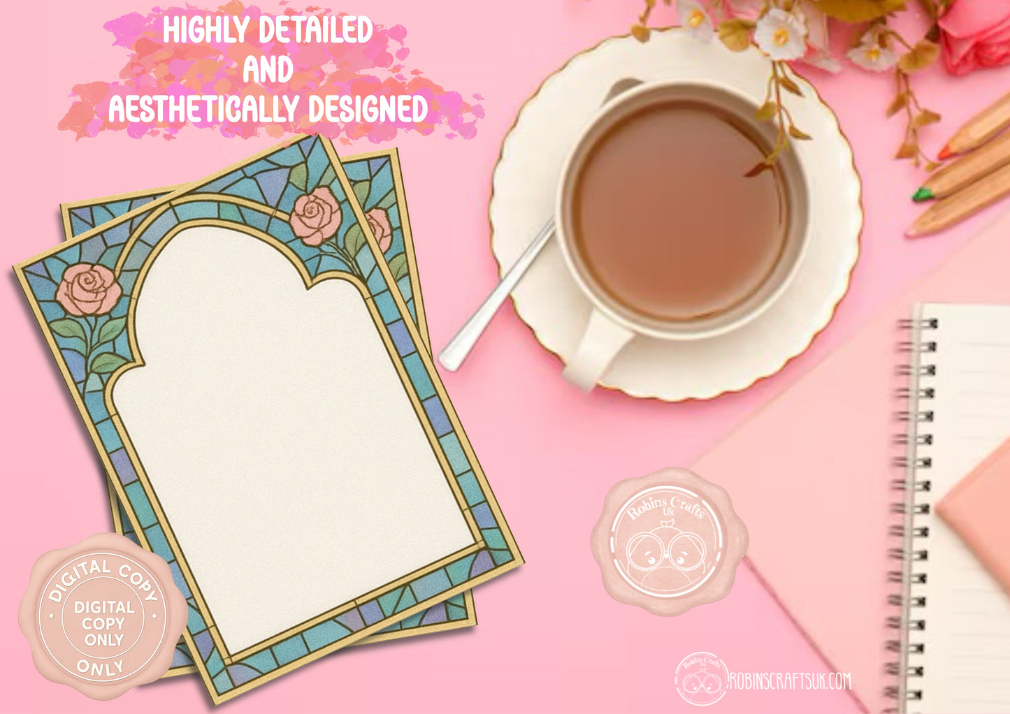 (DIGITAL)Stained Glass Rose Memo Pad | Gothic Arch Stationery | Hand-Illustrated Aesthetic Paper – Elegant Aesthetic Notepaper