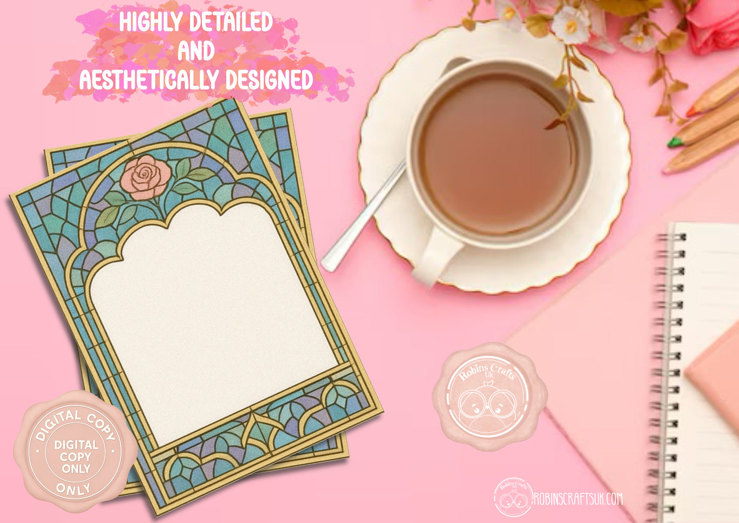 (DIGITAL)Stained Glass Rose Memo Pad | Gothic Arch Stationery | Hand-Illustrated Aesthetic Paper – Elegant Aesthetic Notepaper