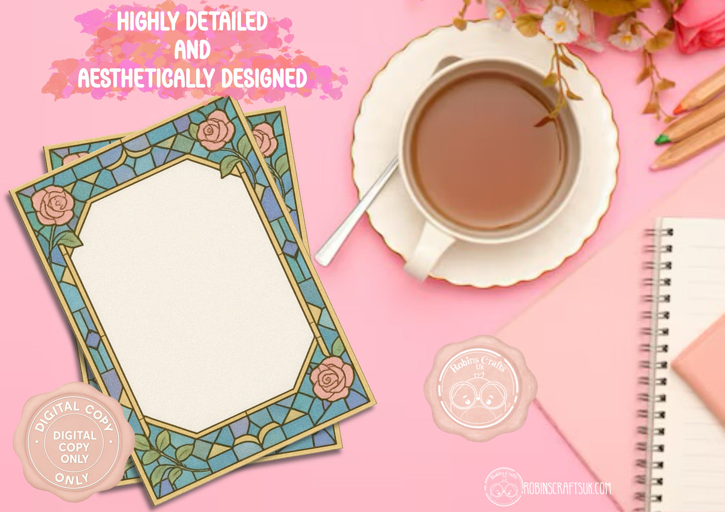 (DIGITAL)Stained Glass Rose Memo Pad | Gothic Arch Stationery | Hand-Illustrated Aesthetic Paper – Elegant Aesthetic Notepaper