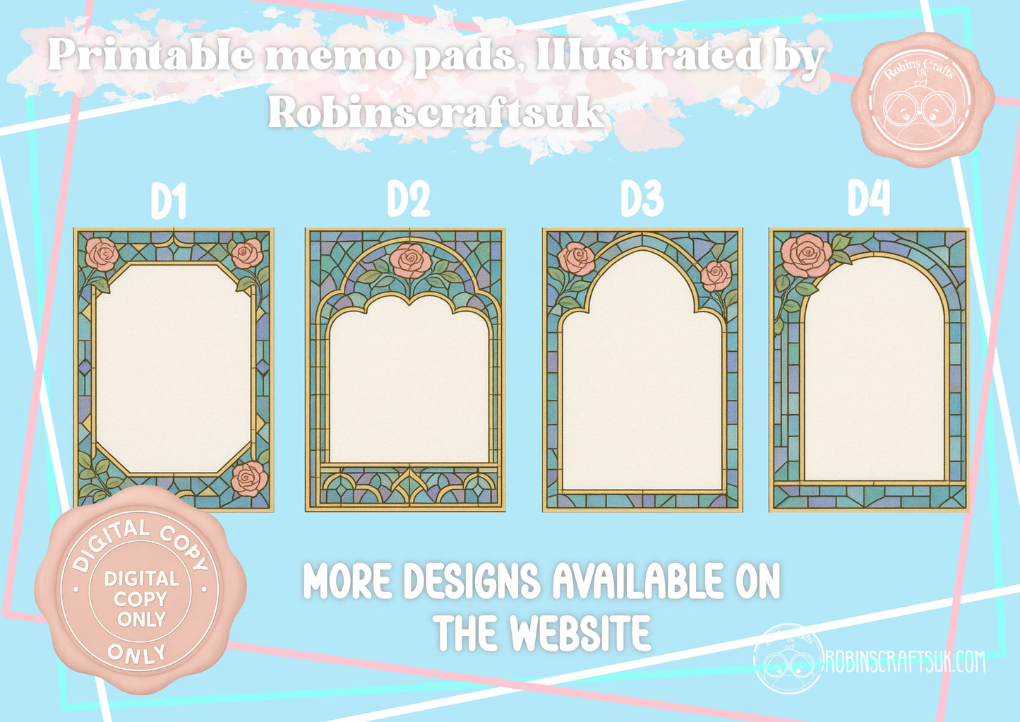 (DIGITAL)Stained Glass Rose Memo Pad | Gothic Arch Stationery | Hand-Illustrated Aesthetic Paper – Elegant Aesthetic Notepaper
