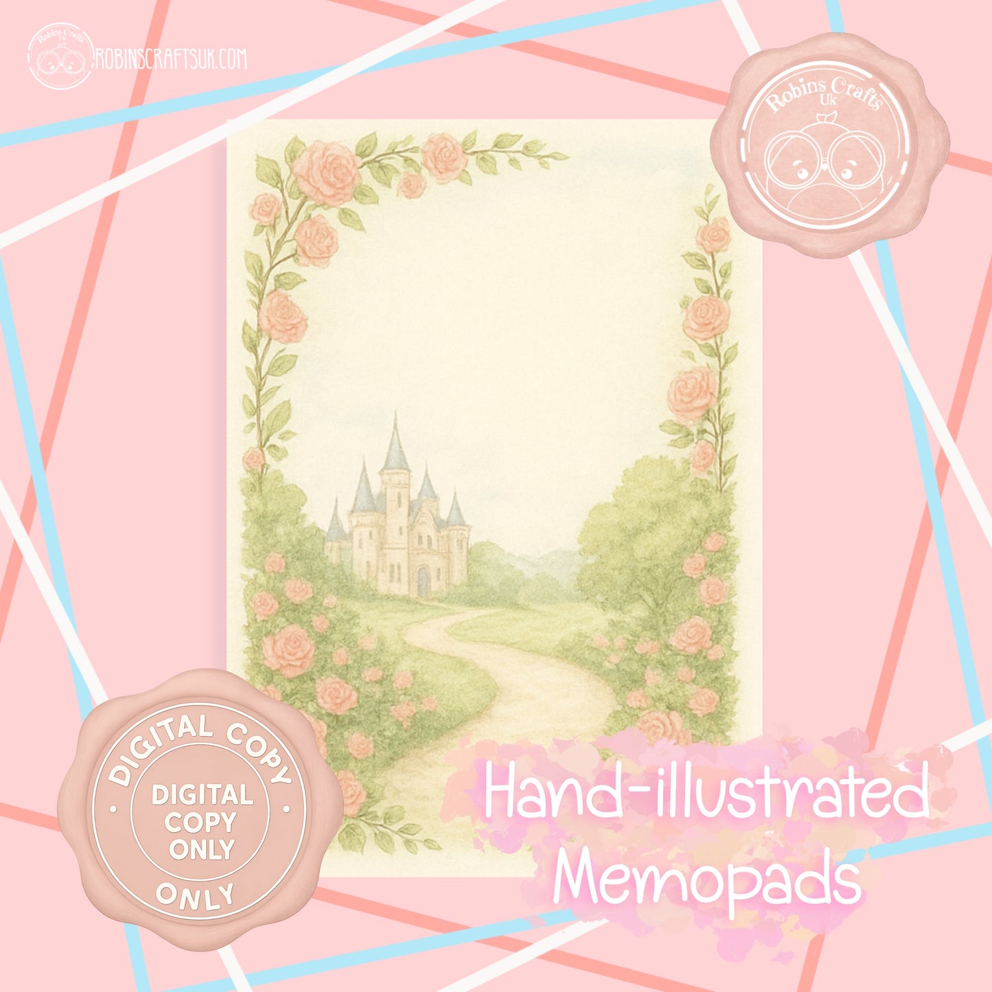Hand-illustrated design of a castle surrounded by flowers on a pink background with decorative elements.
