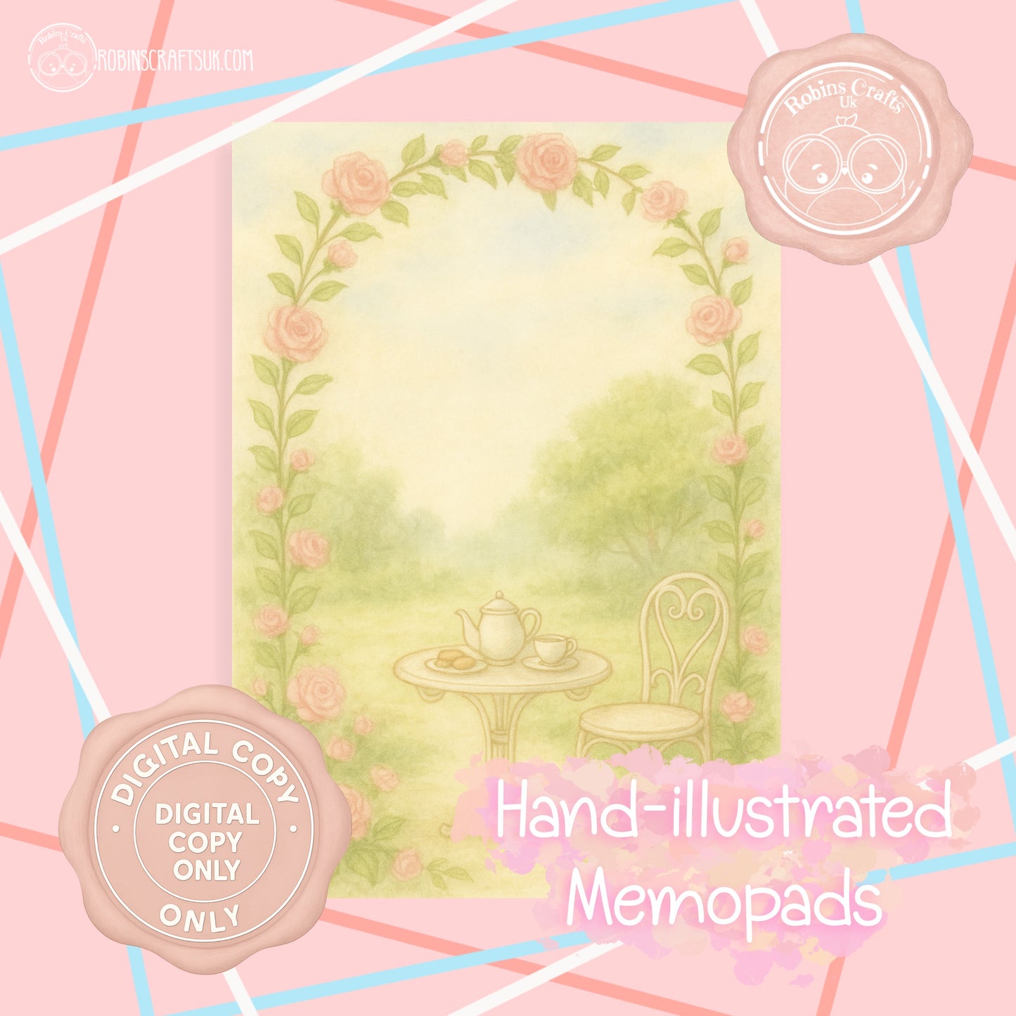 Hand-illustrated memopad with a tea set and floral design on a pink background.
