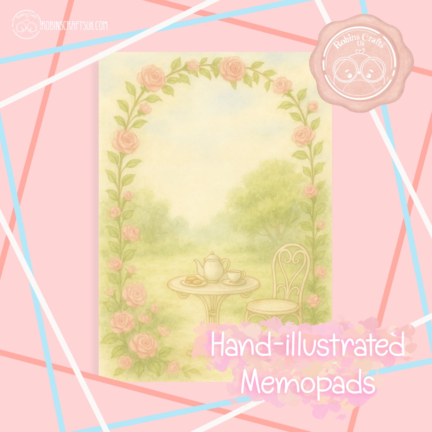 Hand-illustrated scene with a teapot and chair on a pink background with floral elements.