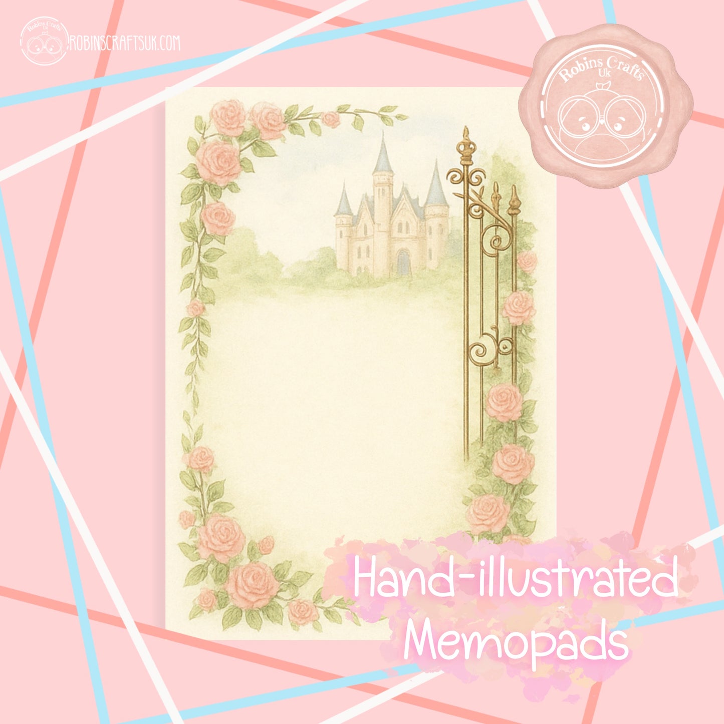 Hand-illustrated design of a castle and roses on a pink background with decorative elements.