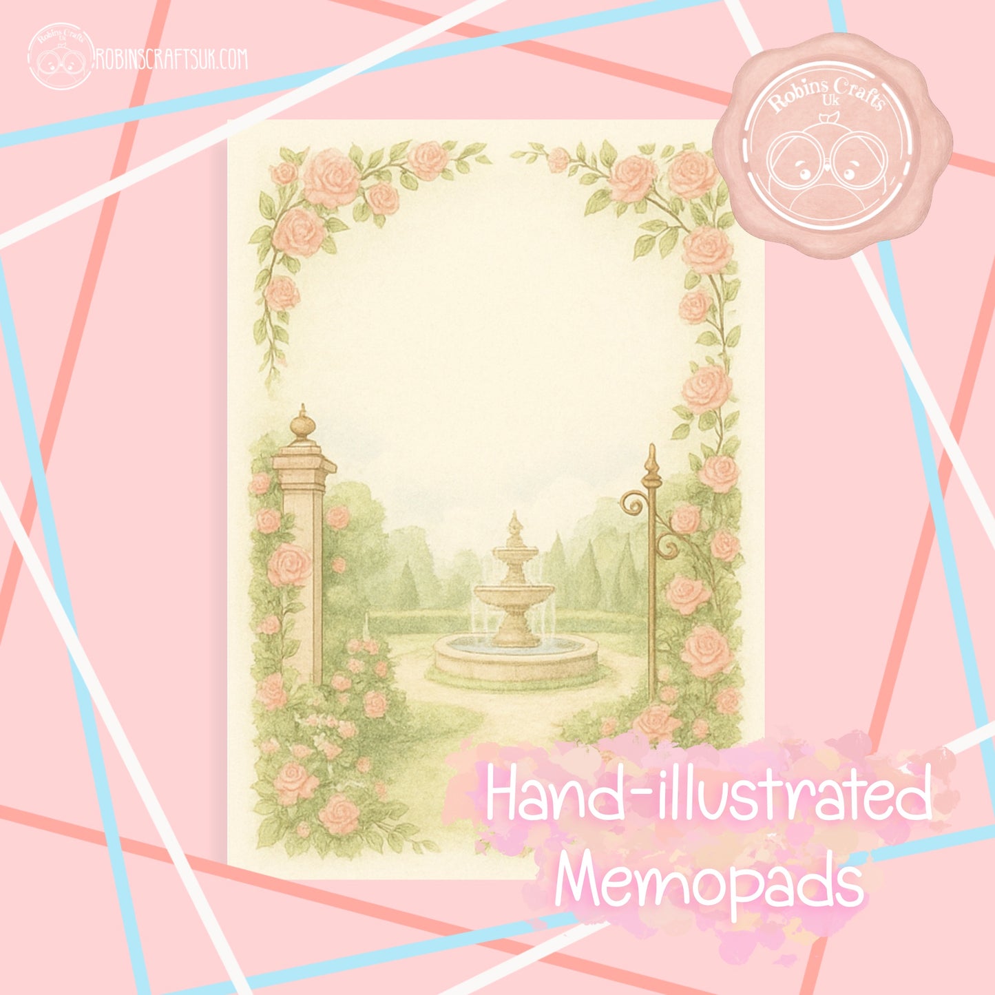 Hand-illustrated design of a garden with a fountain and roses on a pink background,
