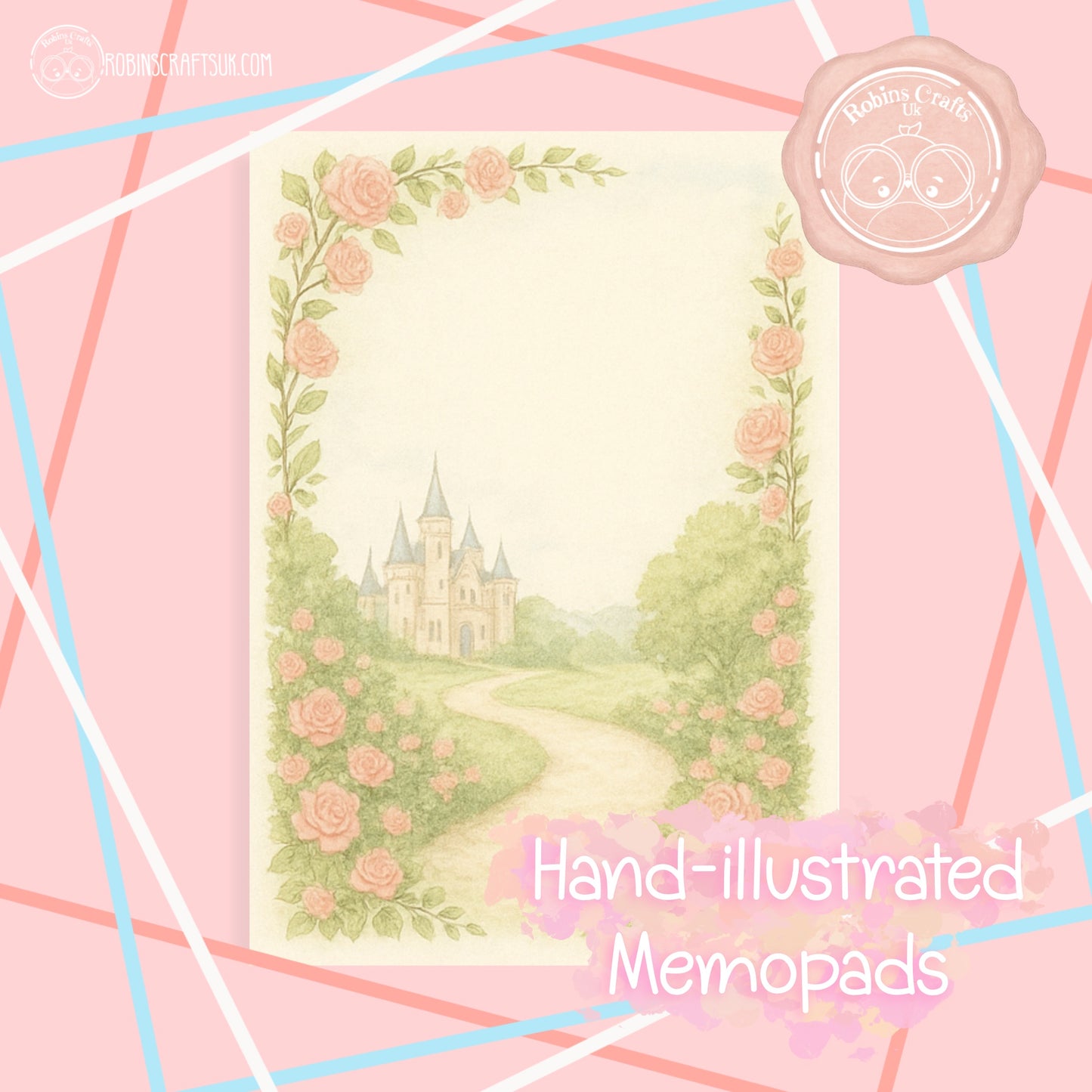 Hand-illustrated design of a castle surrounded by roses on a pink background with decorative elements.