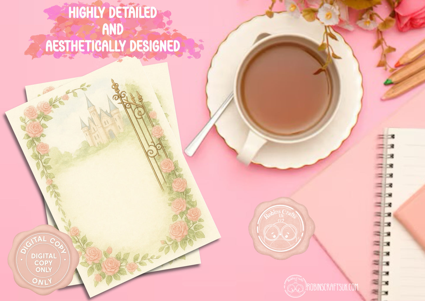 Tea cup with saucer, floral notepad, and notebook on a pink background